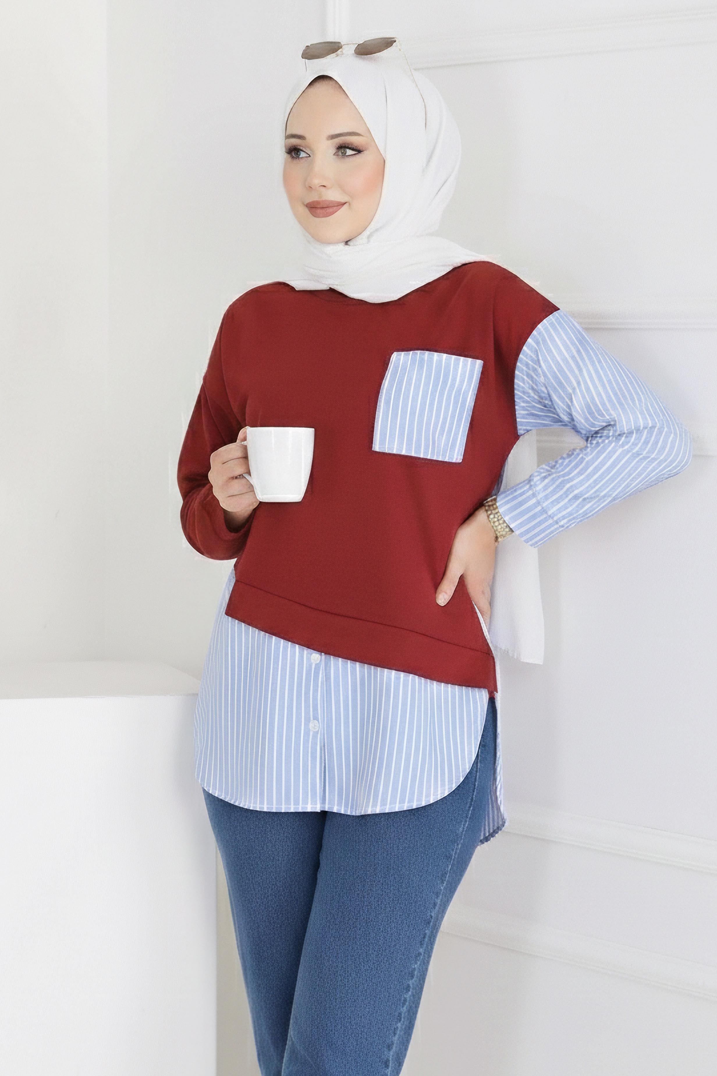 Etek Ve Cep Çizgili Detaylı Tunik  - 2064-BORDO