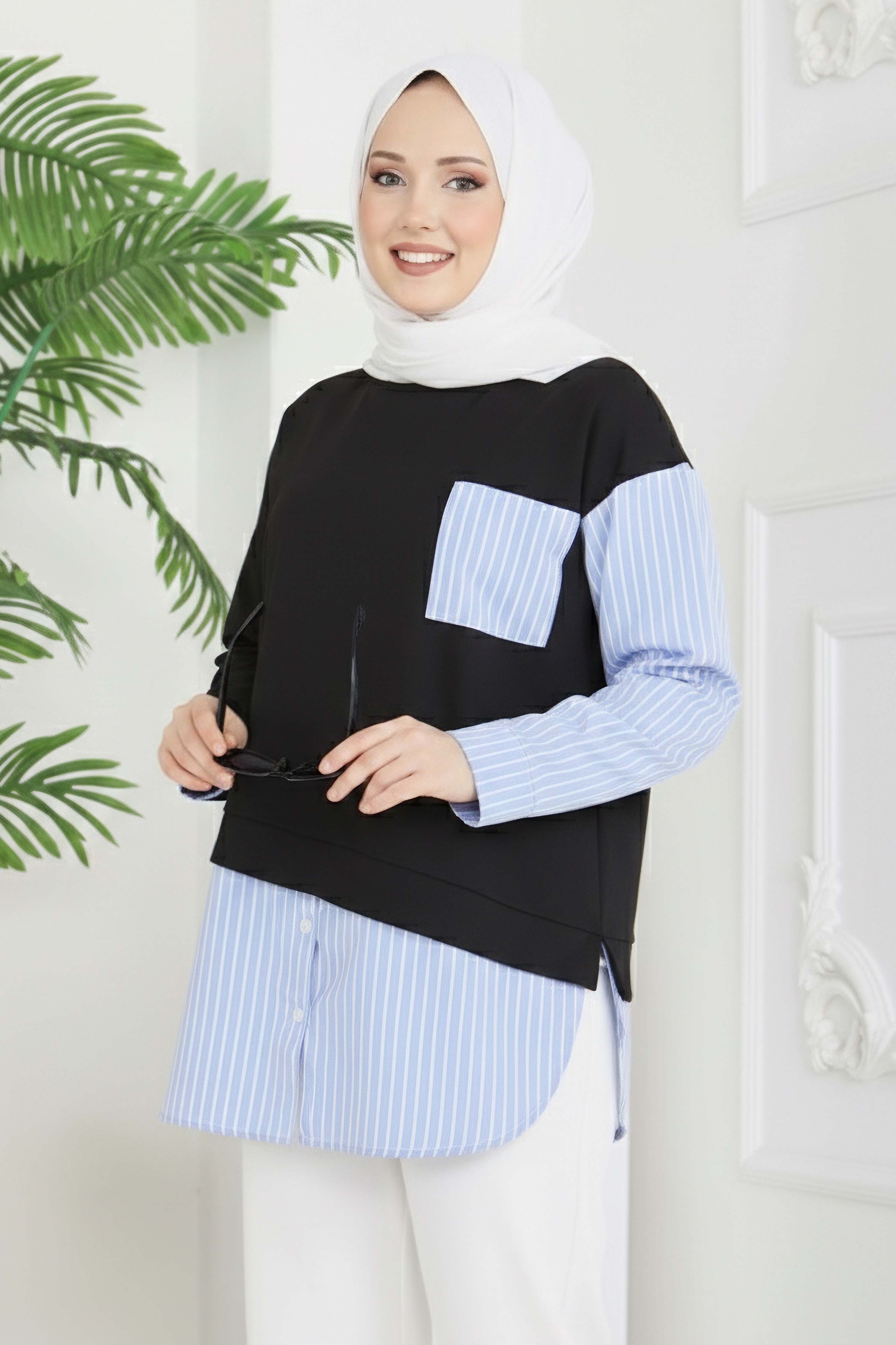 Etek Ve Cep Çizgili Detaylı Tunik  - 2064-SIYAH