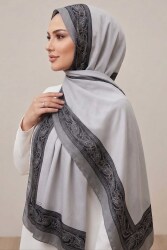 Etnik Desen Şeritli Pamuk Şal Füme - 28672-FUME - TOFİSA (1)