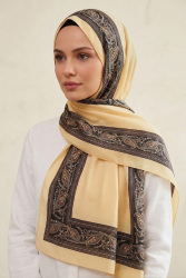 Etnik Desen Şeritli Pamuk Şal Sari - 28672-SARI - TOFİSA
