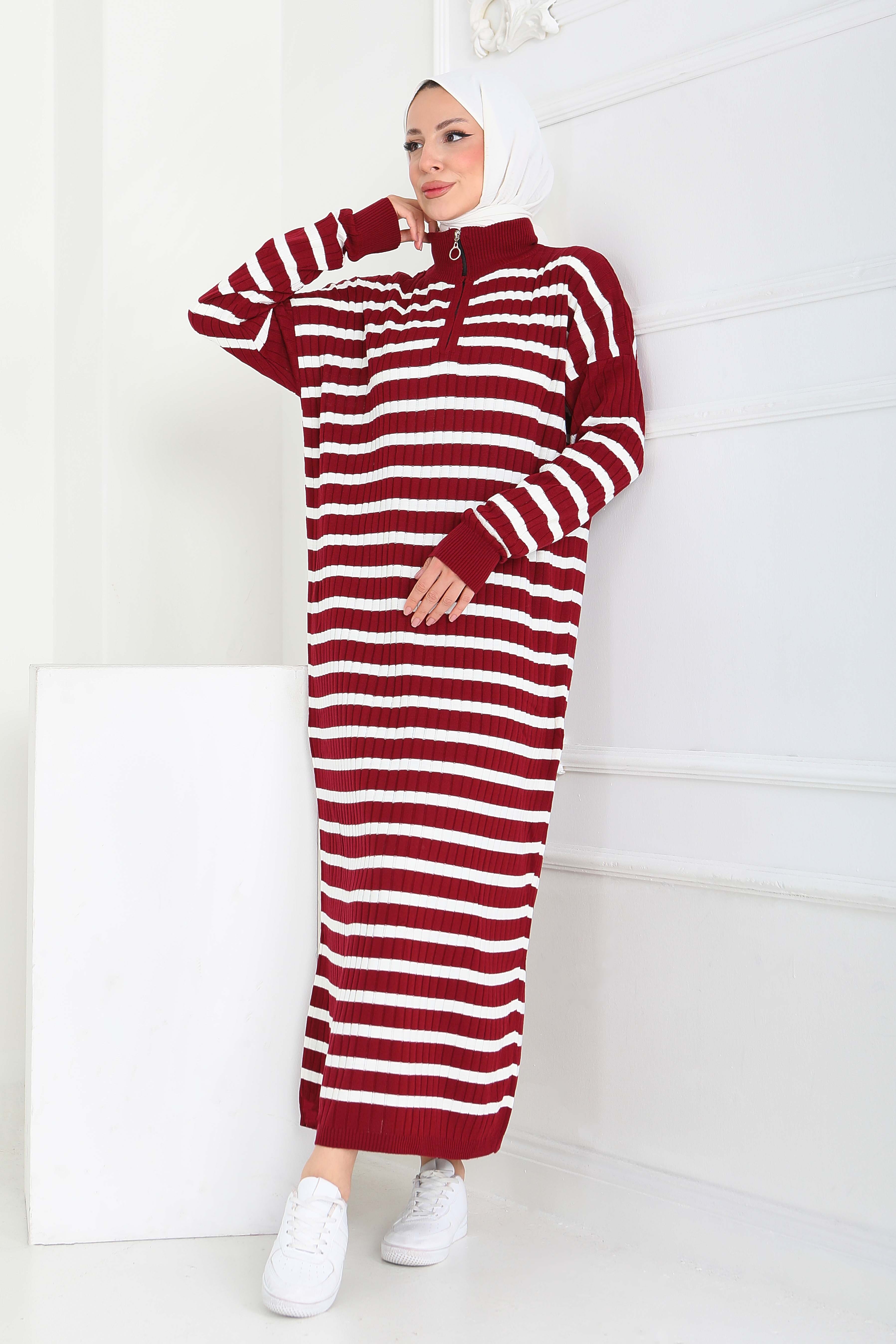Fermuarlı Çizgili Triko Elbise  - 27931-BORDO
