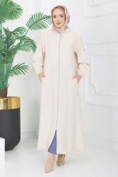 Fermuarlı Kapşonlu Ferace Krem - 28391-KREM - TOFİSA