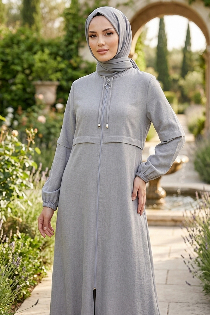Fermuarlı Sofia Keten Ferace Gri - 2125-GRI