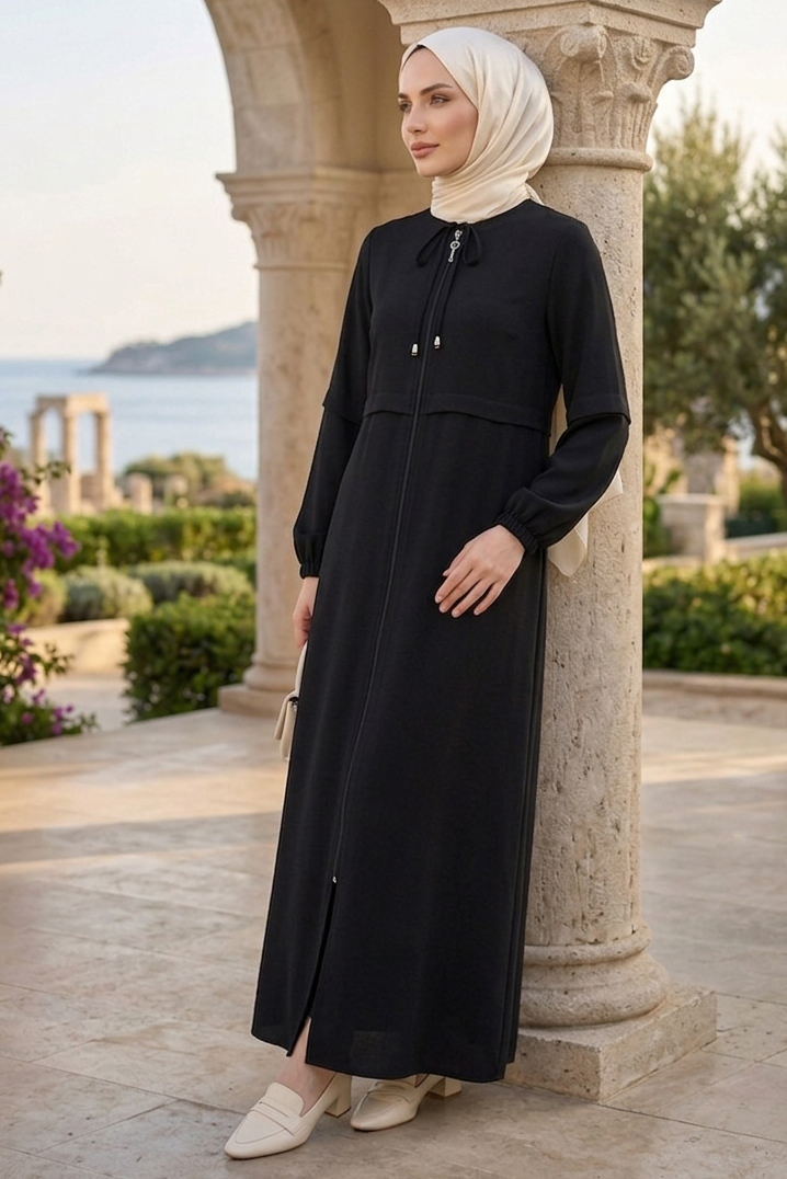 Fermuarlı Sofia Keten Ferace Siyah - 2125-SIYAH