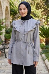 Fırfır Detaylı Bağcıklı Tunik Gri - 28631-GRI - TOFİSA