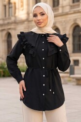 Fırfır Detaylı Bağcıklı Tunik Siyah - 28631-SIYAH - TOFİSA