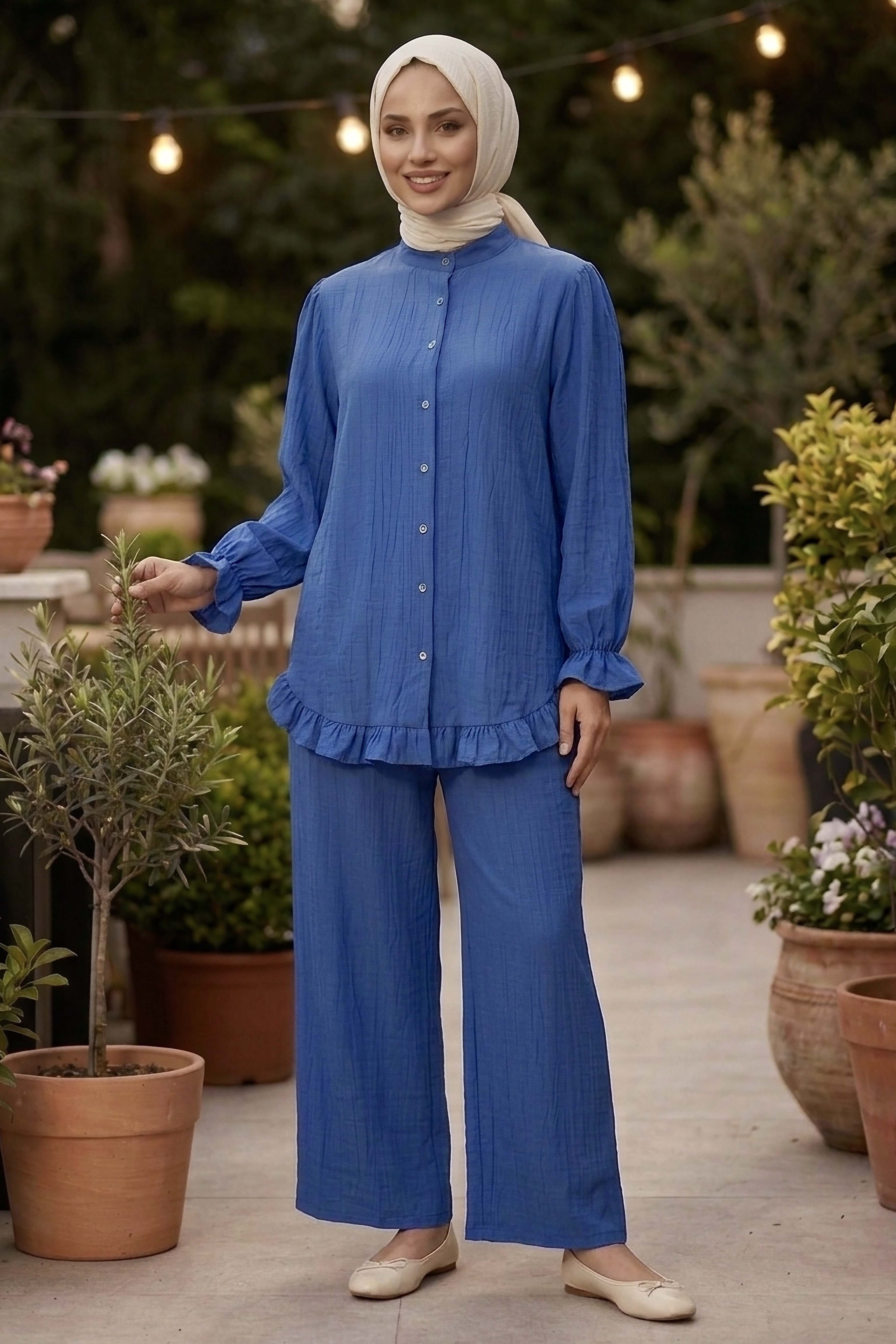 Fırfır Detaylı İkili Takım Indigo - 1327-INDIGO