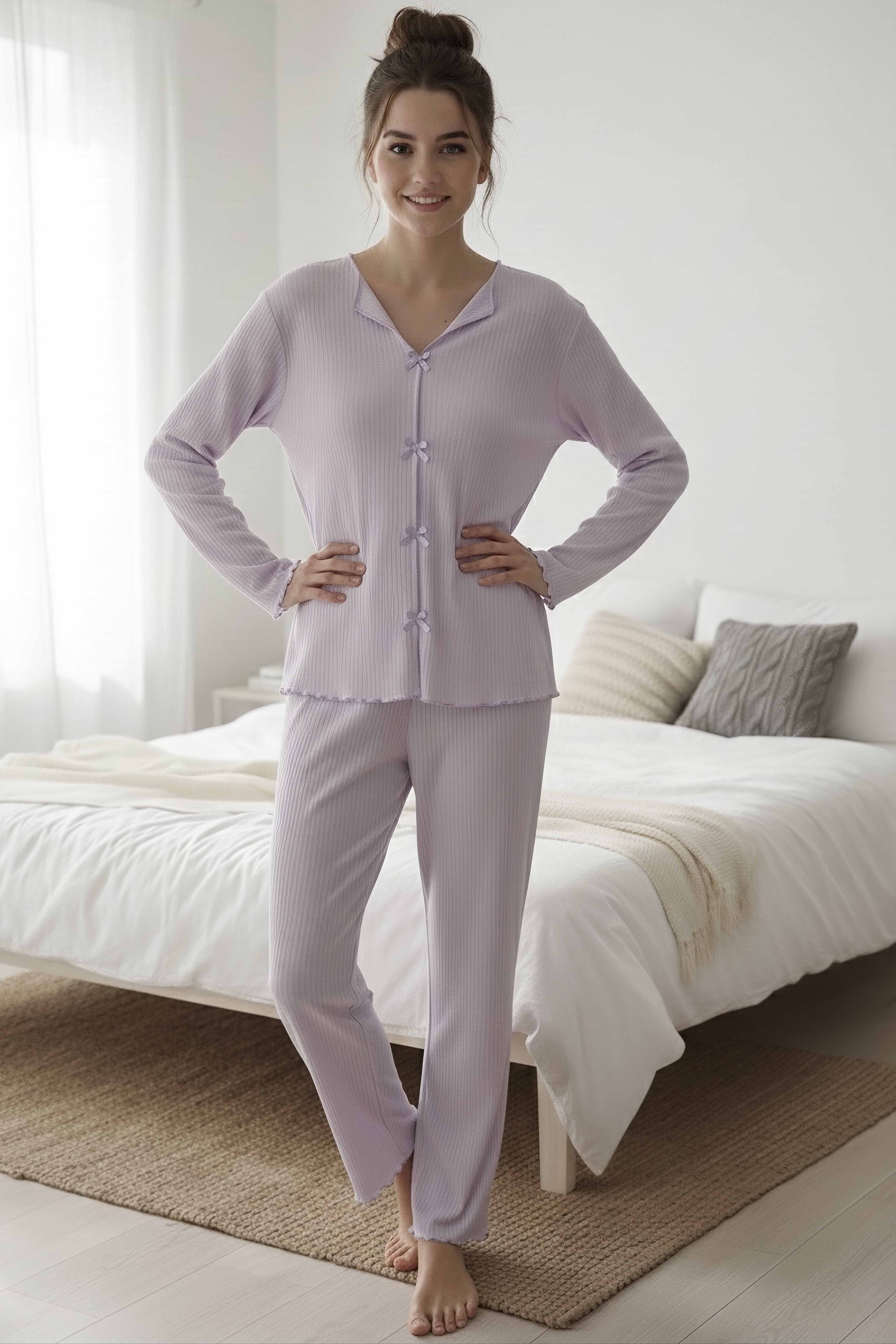 Fitilli Pijama Takımı  - 28069-GRI