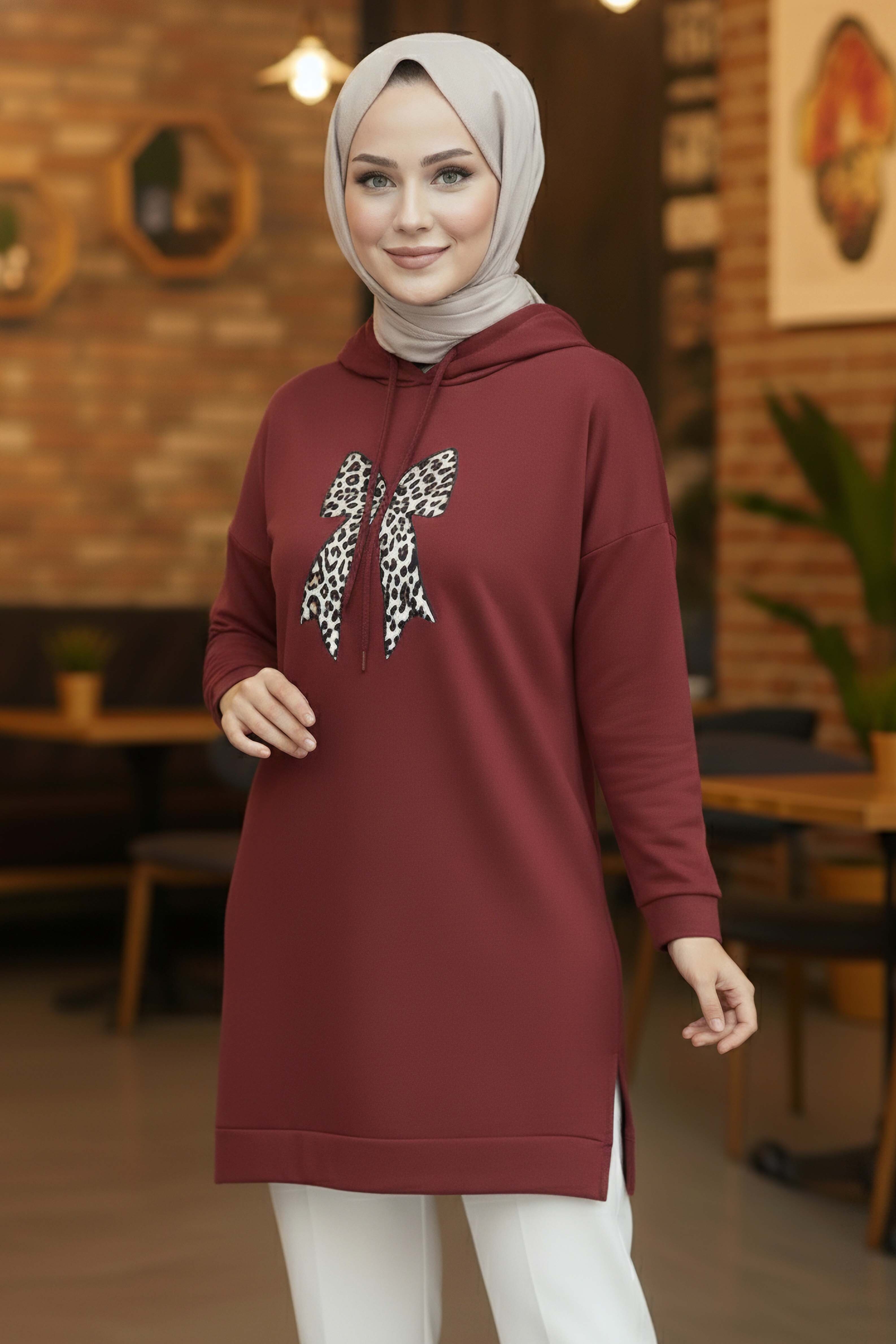 Fiyonk Baskılı İki İplik Tunik  - 2072-BORDO