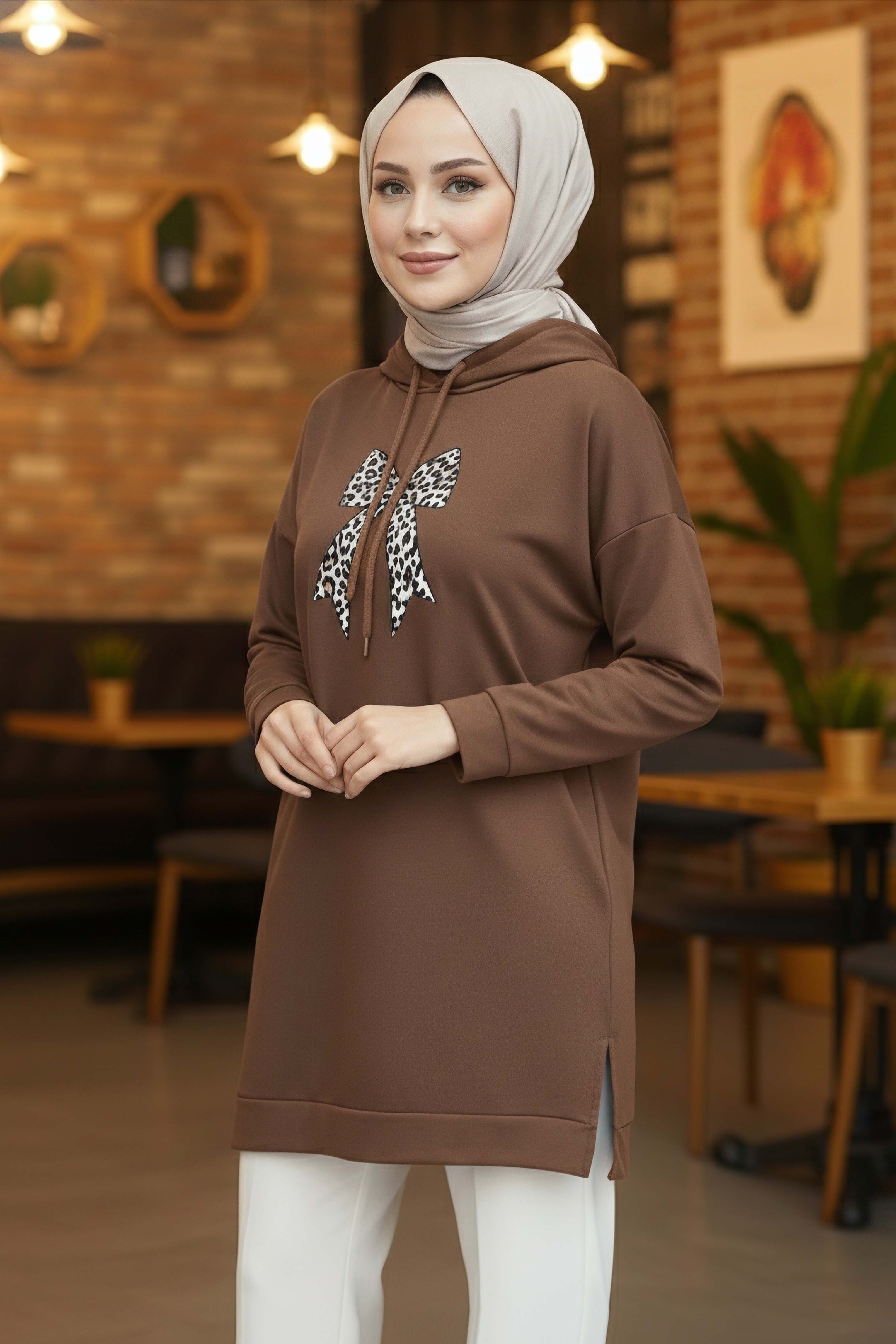Fiyonk Baskılı İki İplik Tunik  - 2072-KAHVE