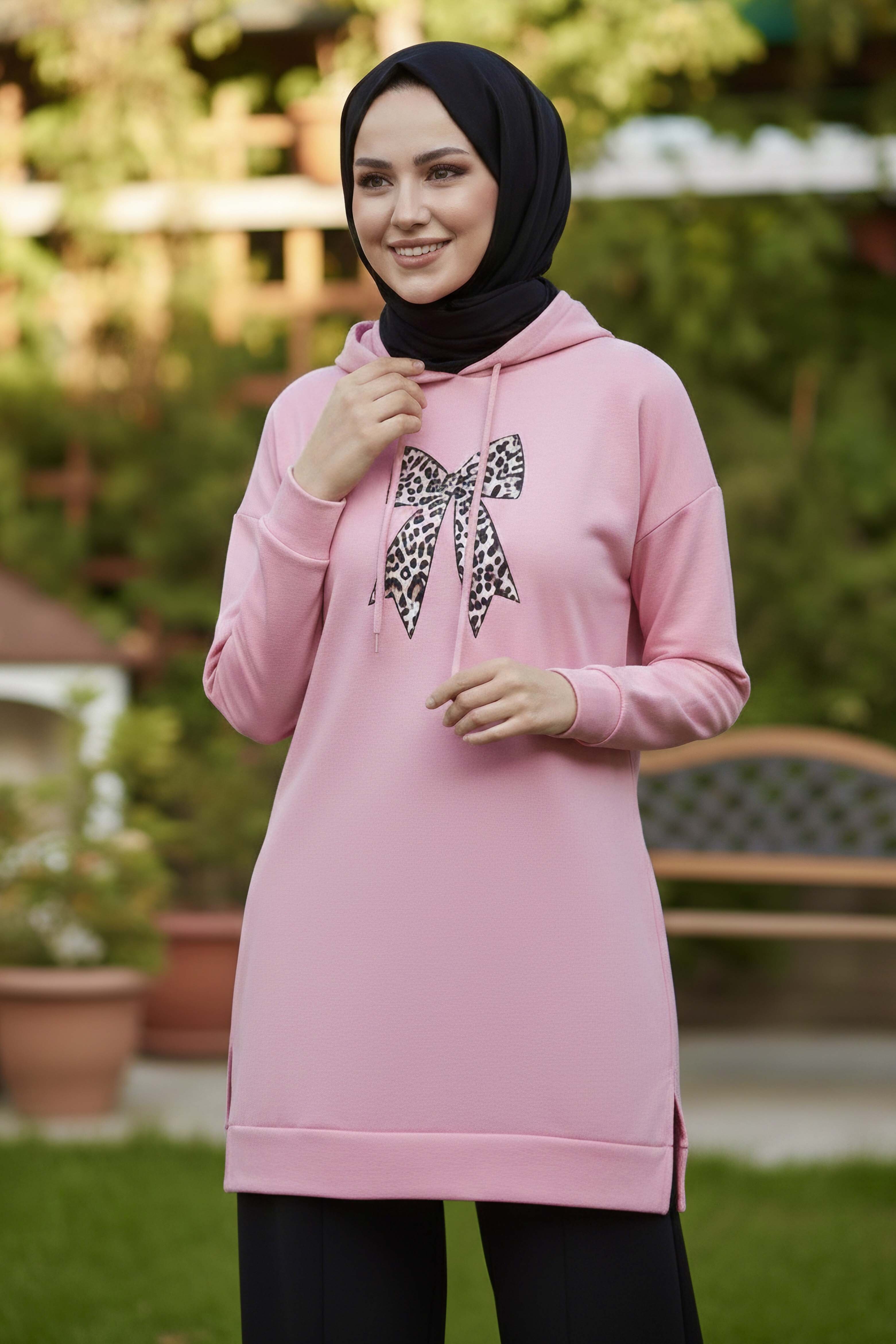 Fiyonk Baskılı İki İplik Tunik  - 2072-PEMBE