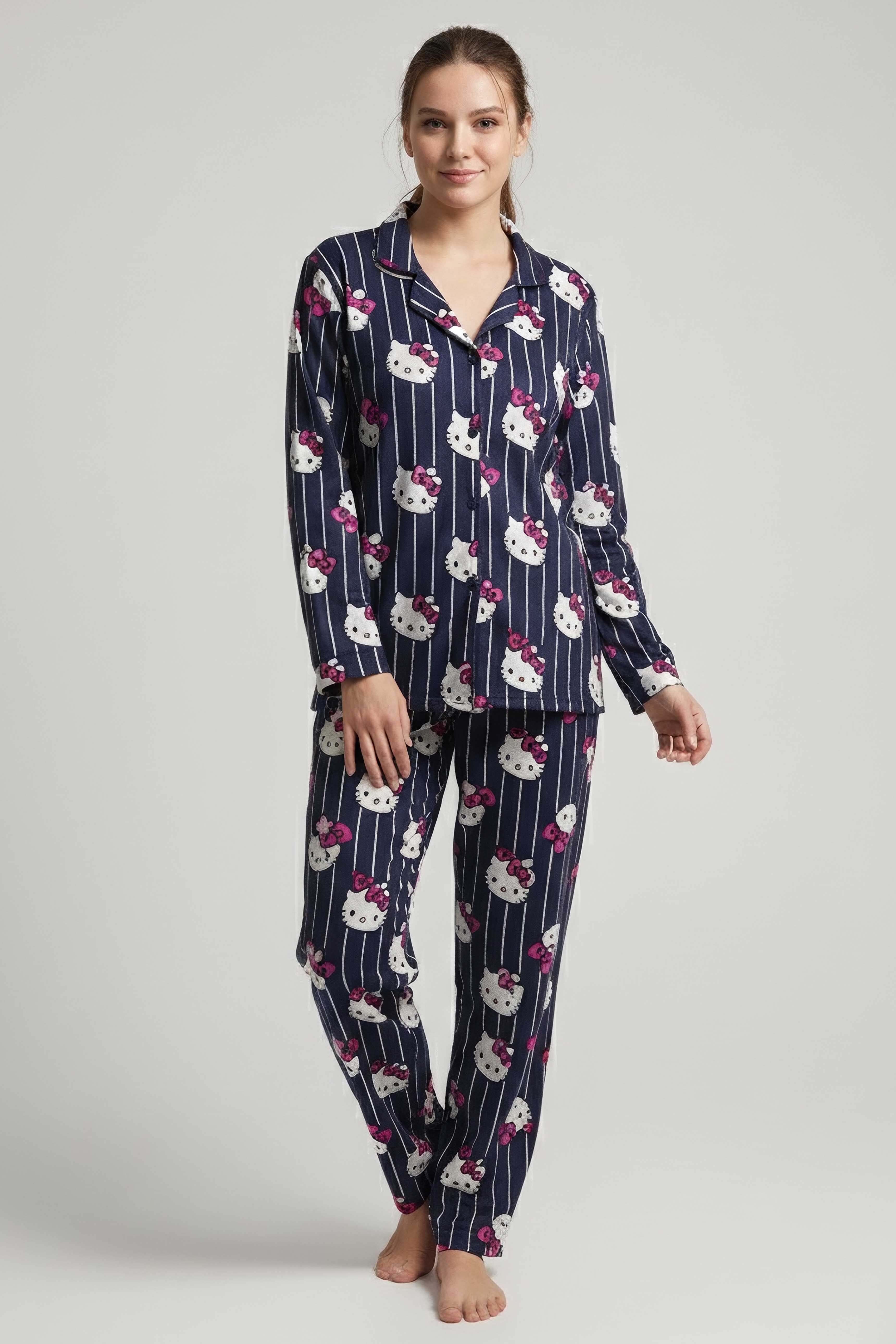 Fiyonk Baskılı Pijama Takımı  - 27942-LACIVERT