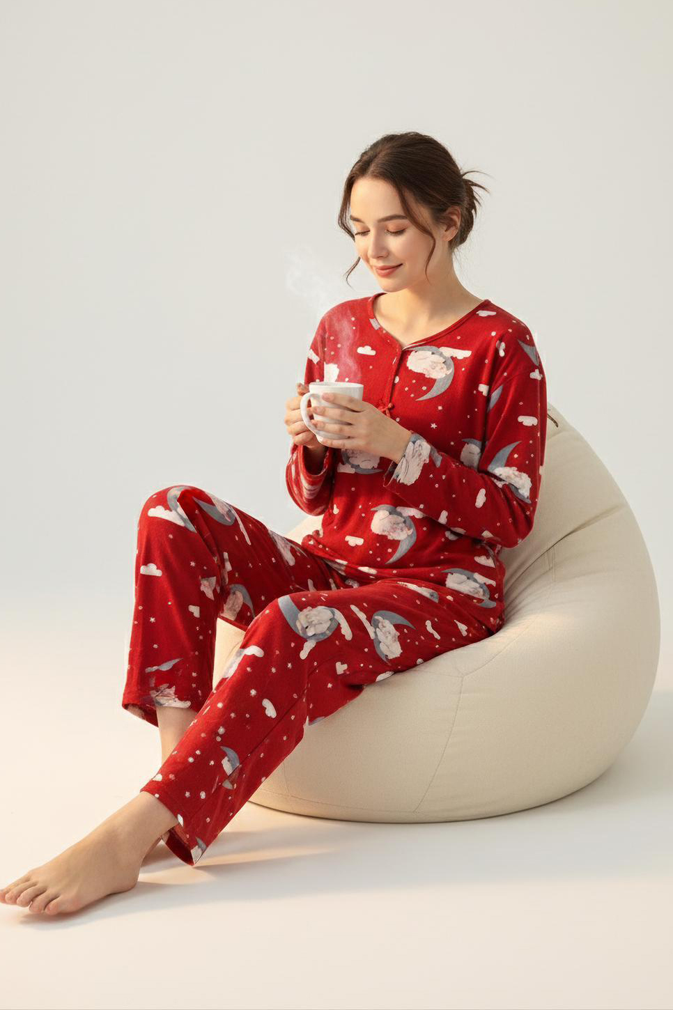 Fiyonklu Desenli Süet Pijama Takımı  - 28160-KIRMIZI