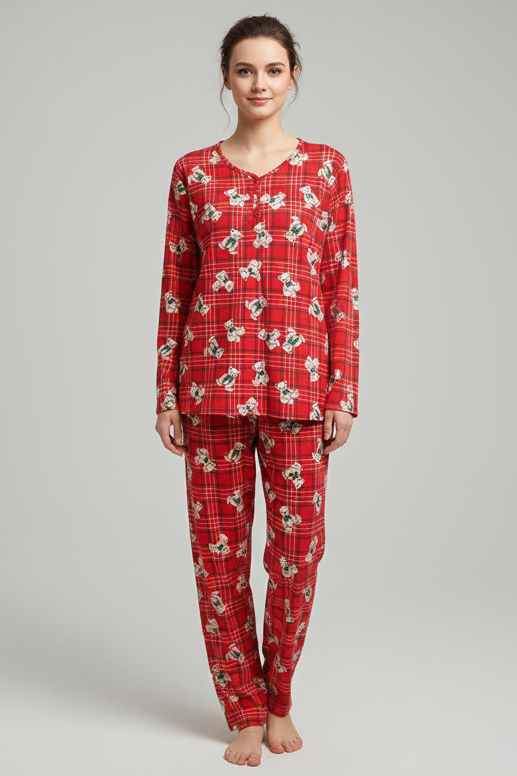Fiyonklu Desenli Süet Pijama Takımı  - 28161-KIRMIZI