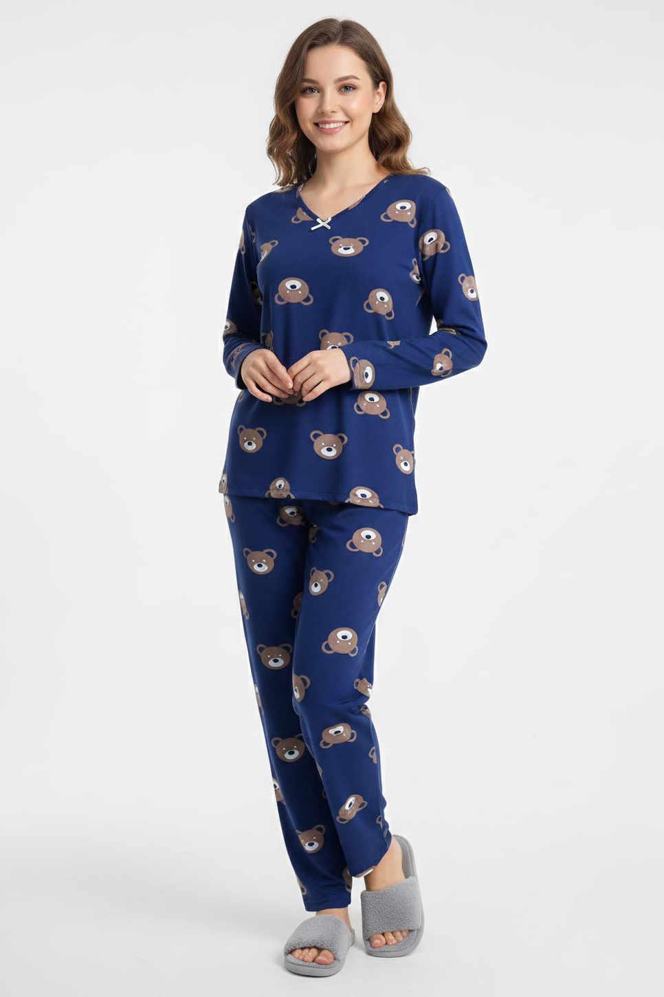 Fiyonklu Desenli Süet Pijama Takımı  - 28162-LACIVERT