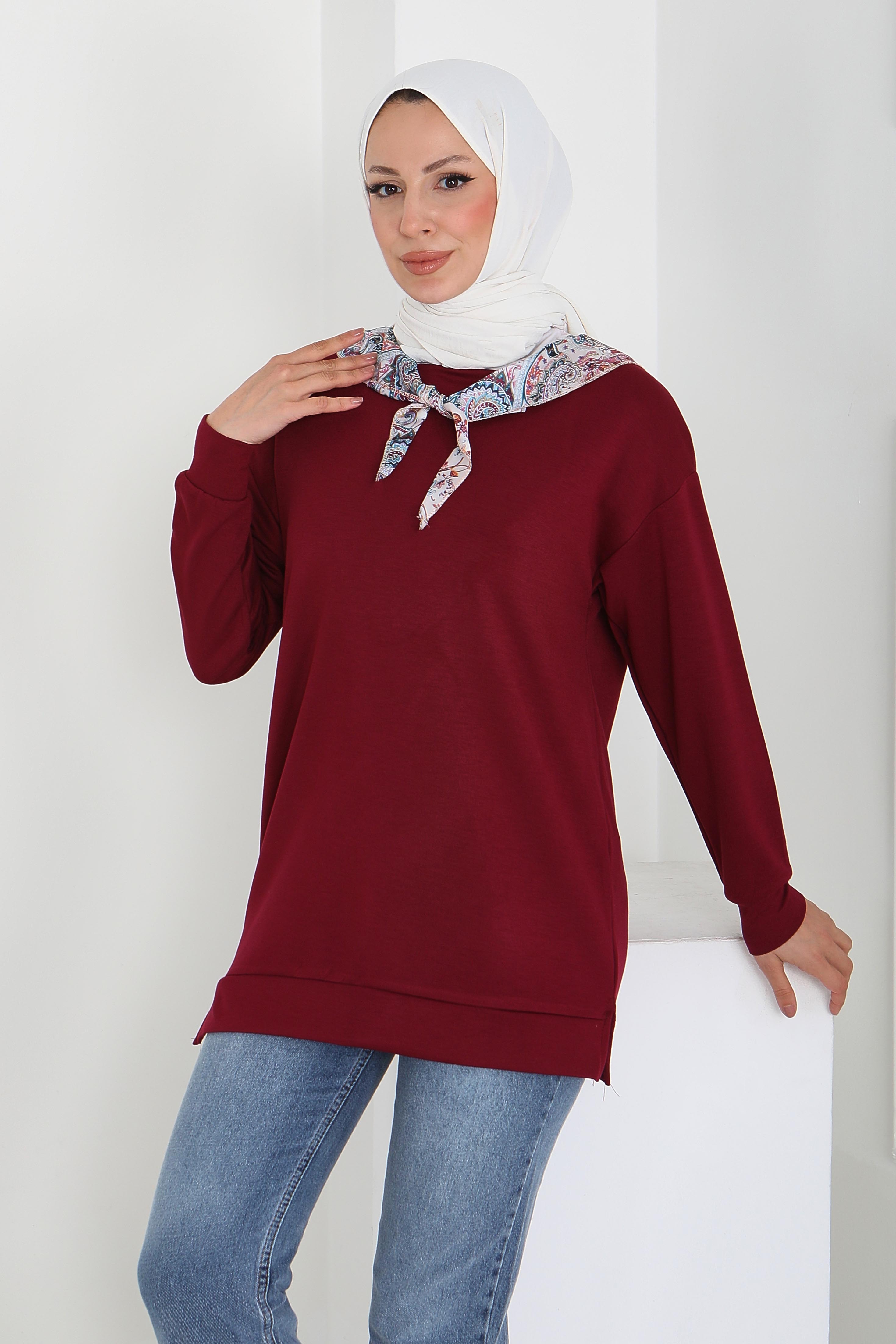 Fularlı Modal Tunik  - 27873-BORDO