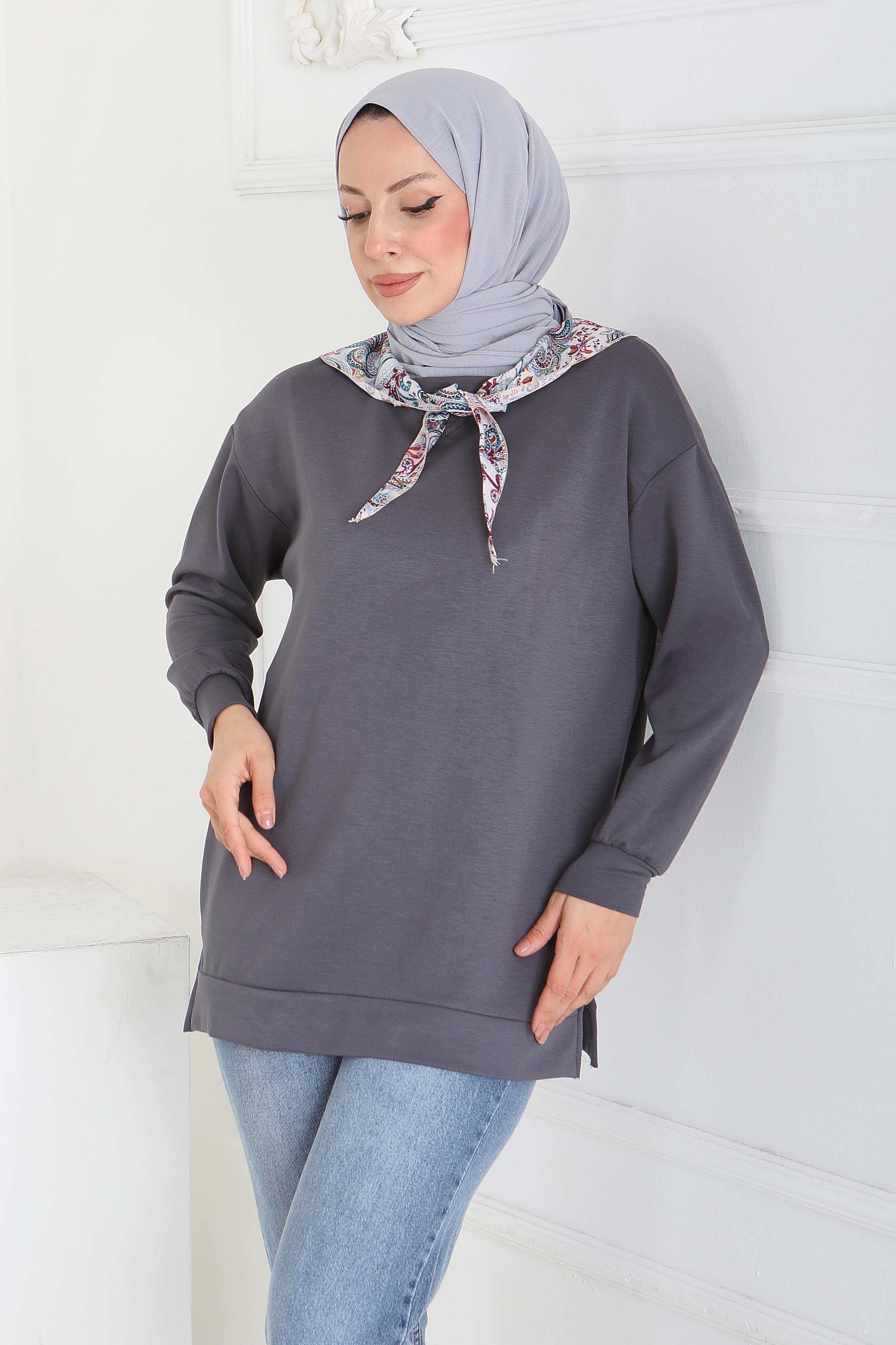 Fularlı Modal Tunik  - 27873-FUME