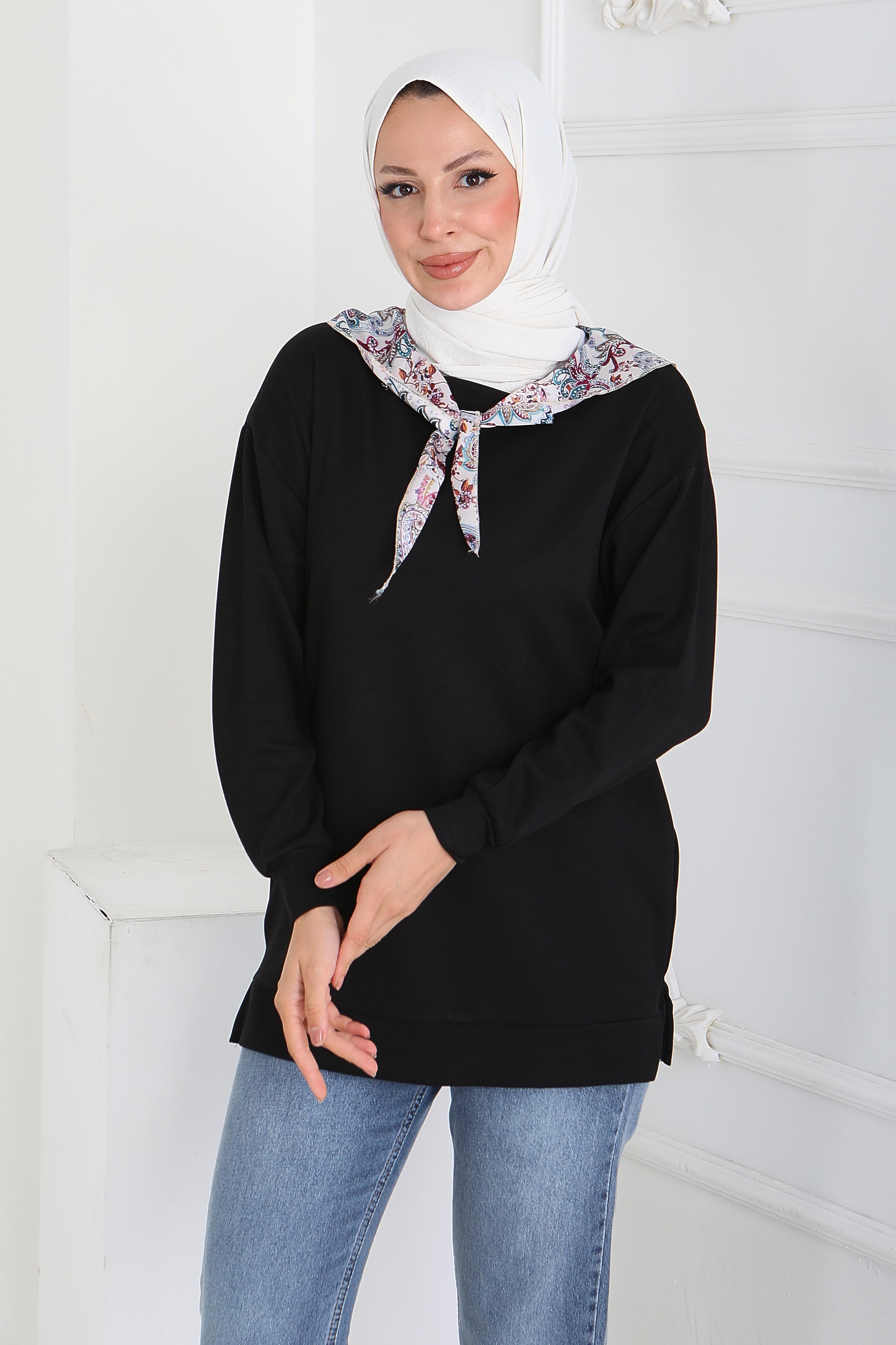 Fularlı Modal Tunik  - 27873-SIYAH