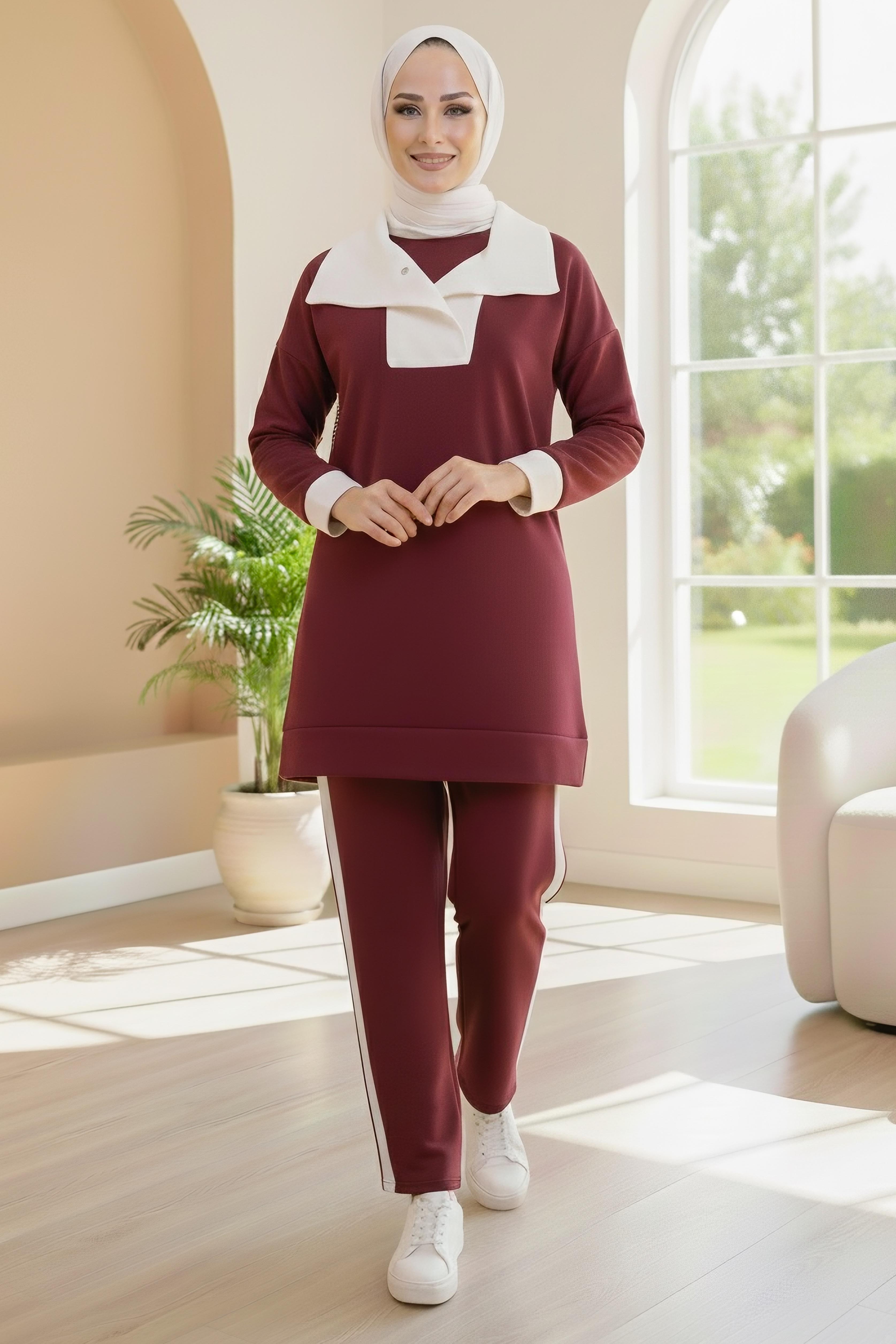 Garni Detaylı Modal İkili Takım  - 1024-BORDO