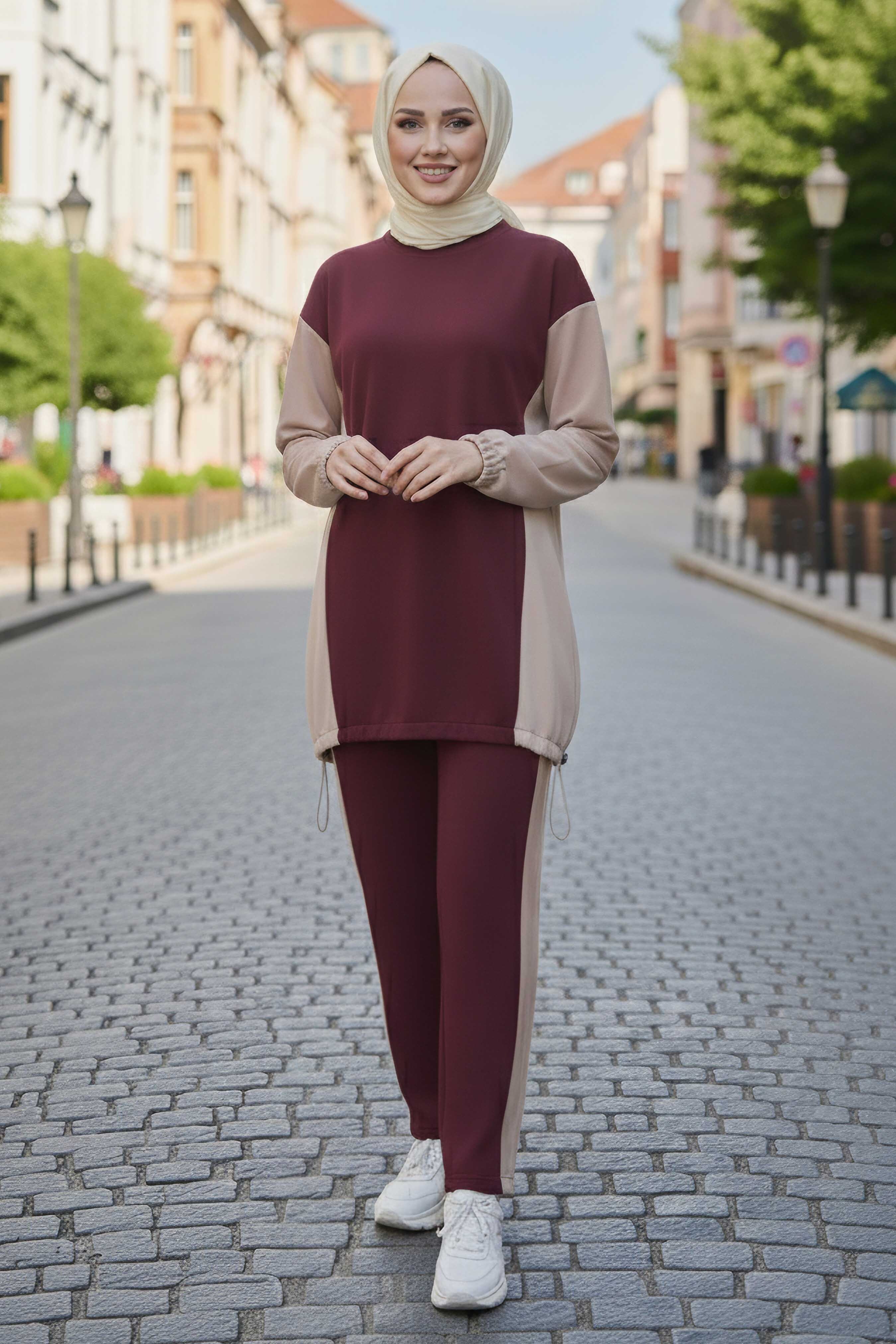 Garni Lastik Detaylı Modal İkili Takım  - 1003-BORDO