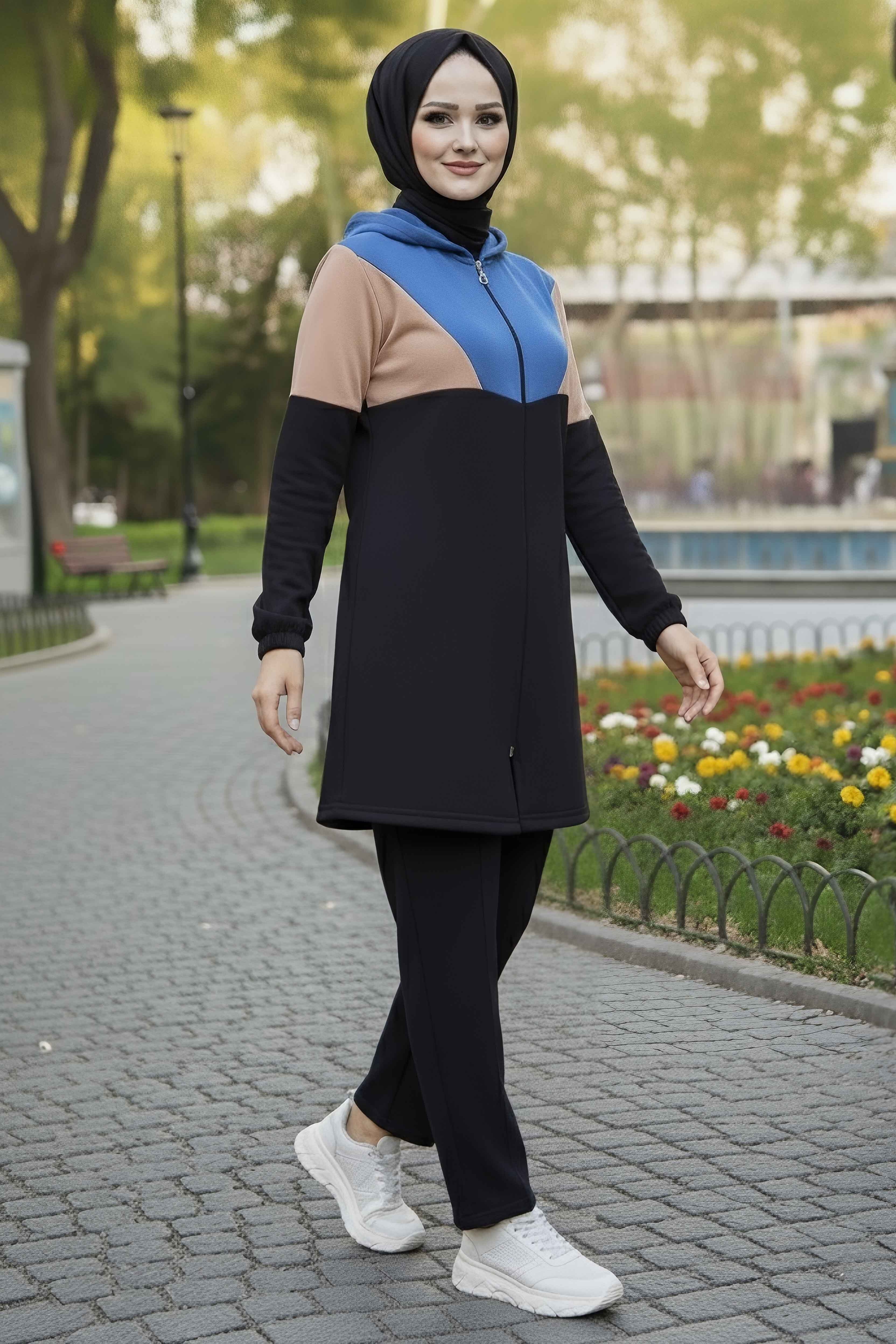 Garnili Fermuarlı İki İplik Tunik Pantolon  - 13107-INDIGO