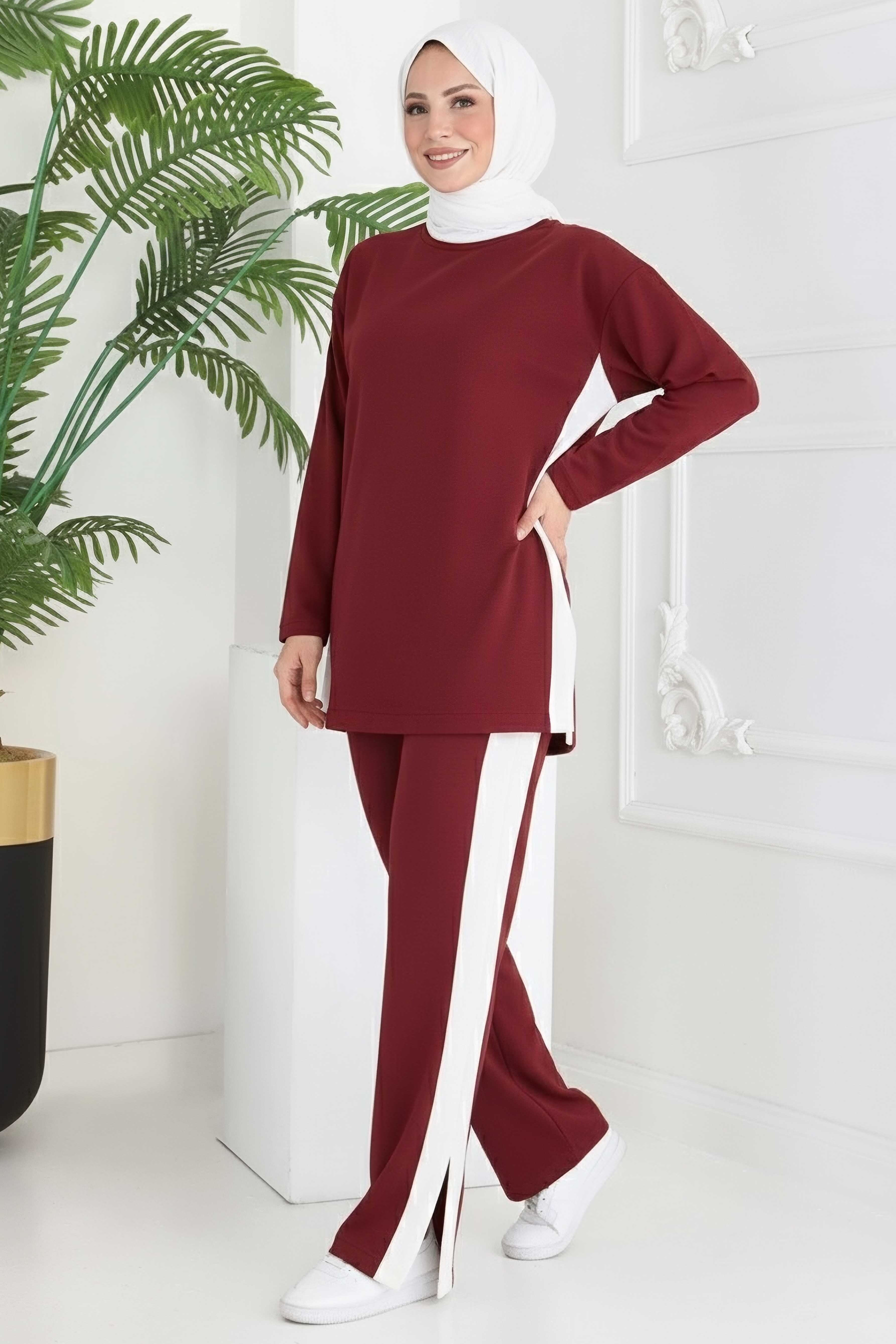 Garnili Yırtmaçlı Modal İkili Takım  - 28012-BORDO