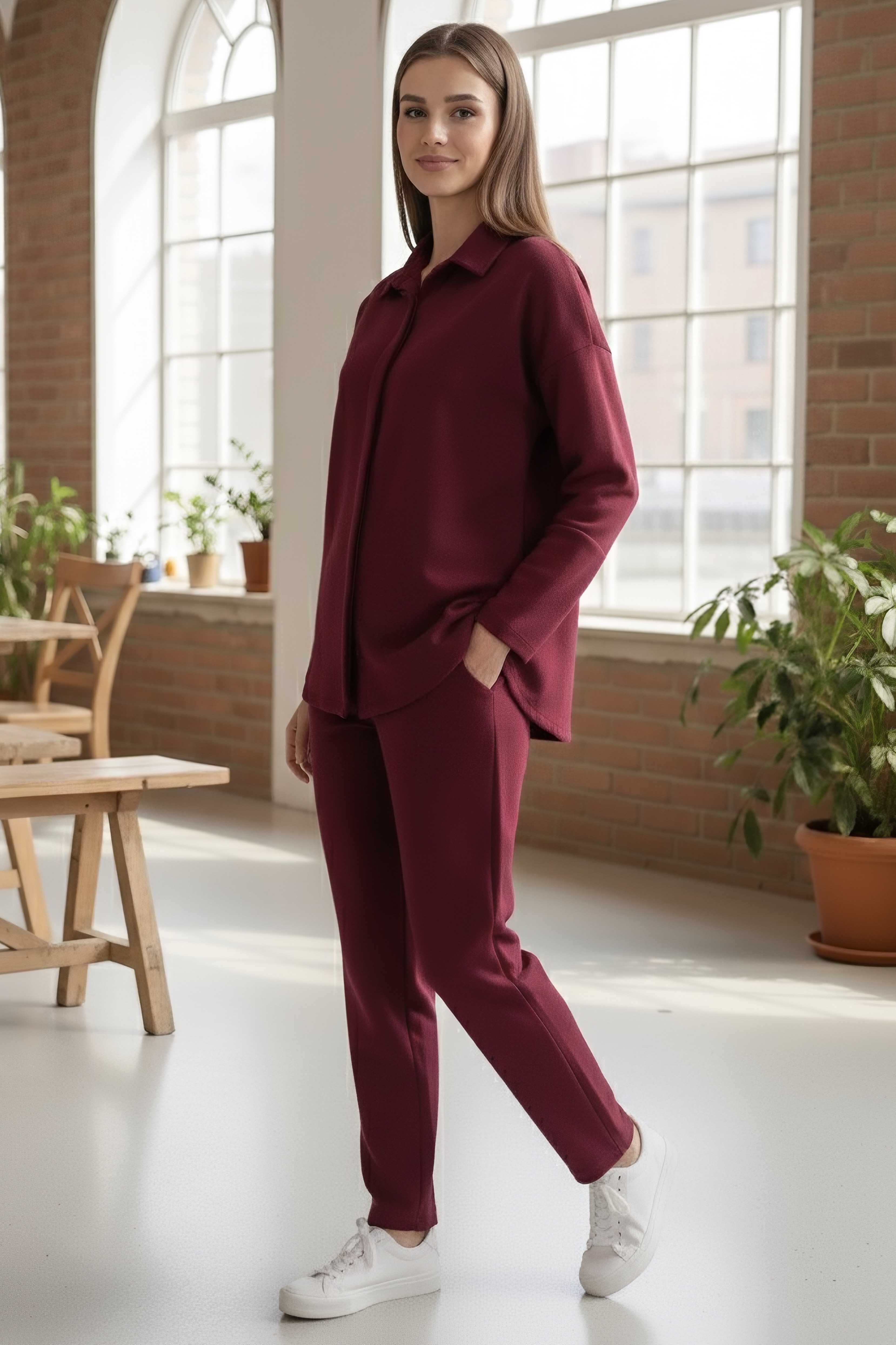Geniş Kollu Modaal İkili Takım  - 28059-BORDO