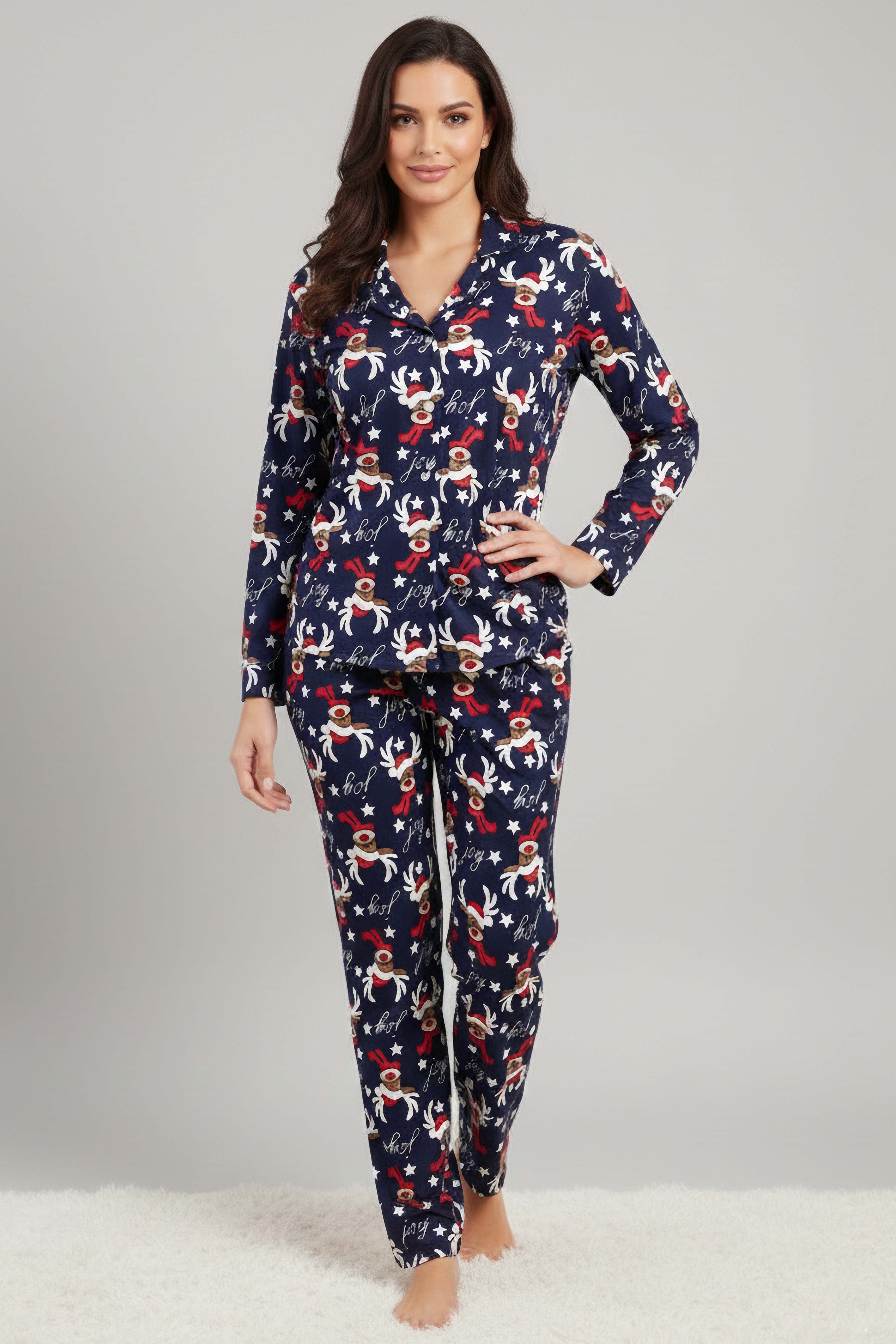 Geyik Baskılı Pijama Takımı  - 27944-LACIVERT