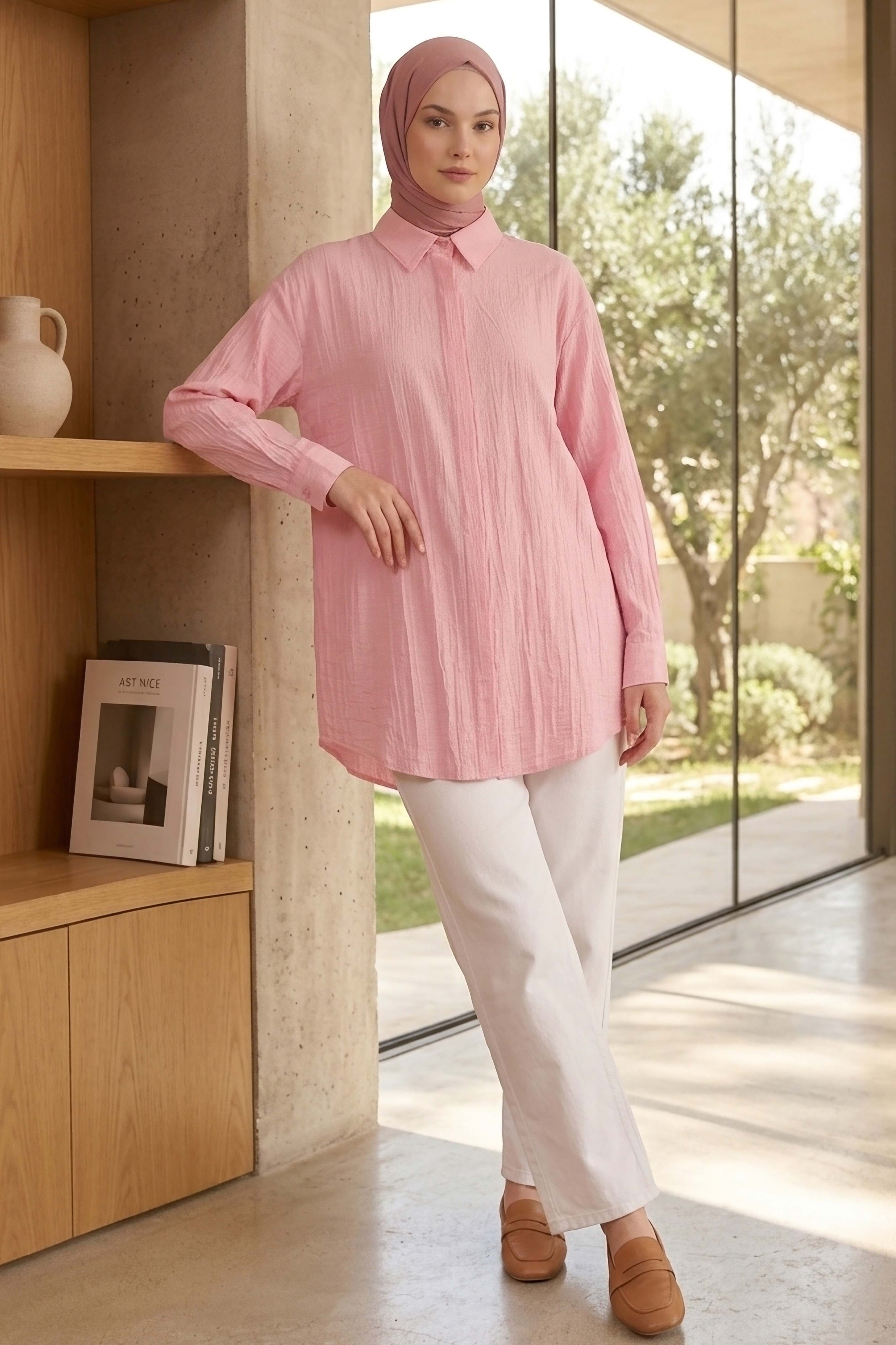 Gizli Düğme Detaylı Çilek Tunik  - 1306-PEMBE