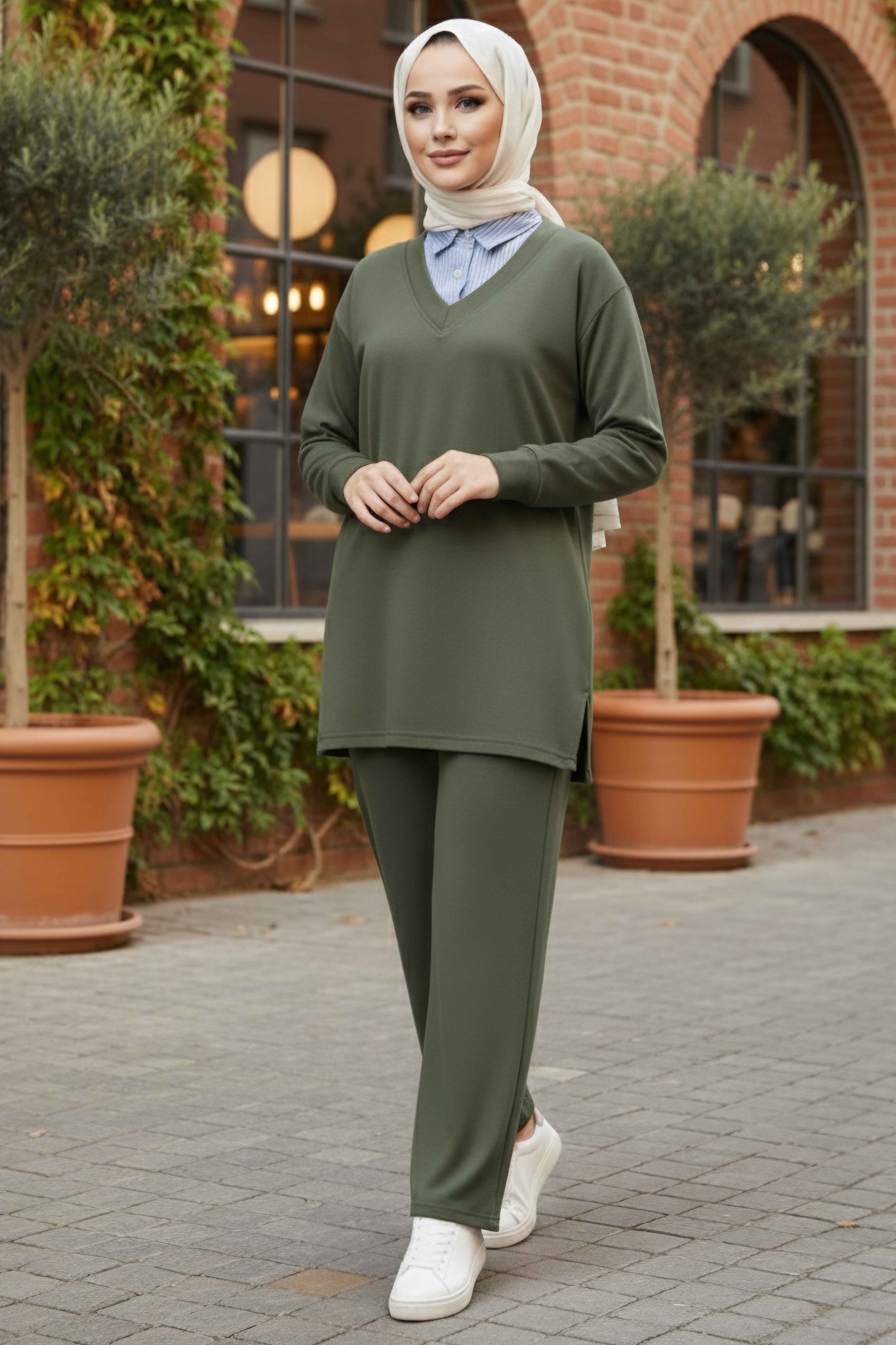 Gömlek Yaka Detaylı Modal Tunik Pantolon  - 28130-HAKI