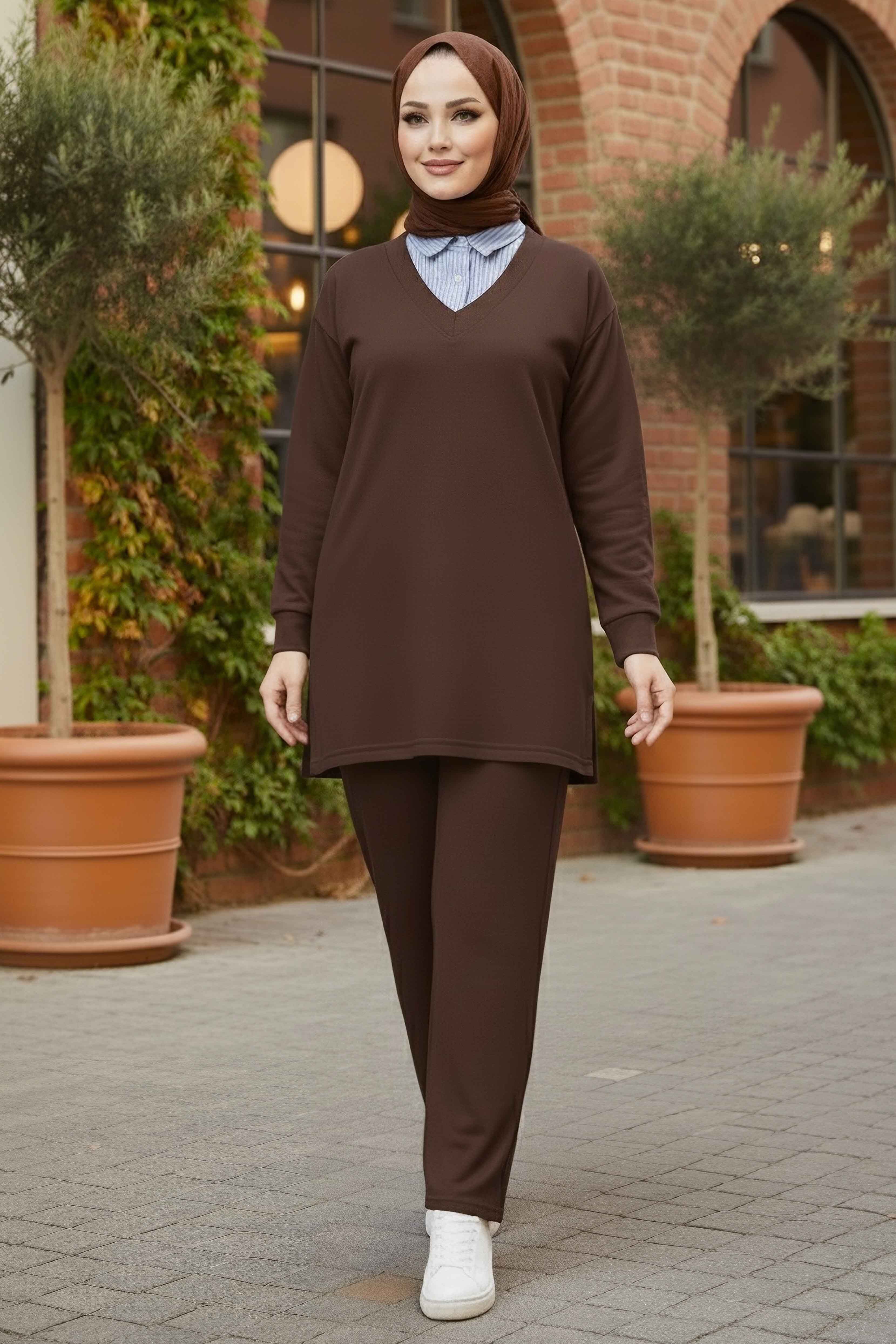 Gömlek Yaka Detaylı Modal Tunik Pantolon  - 28130-KAHVE