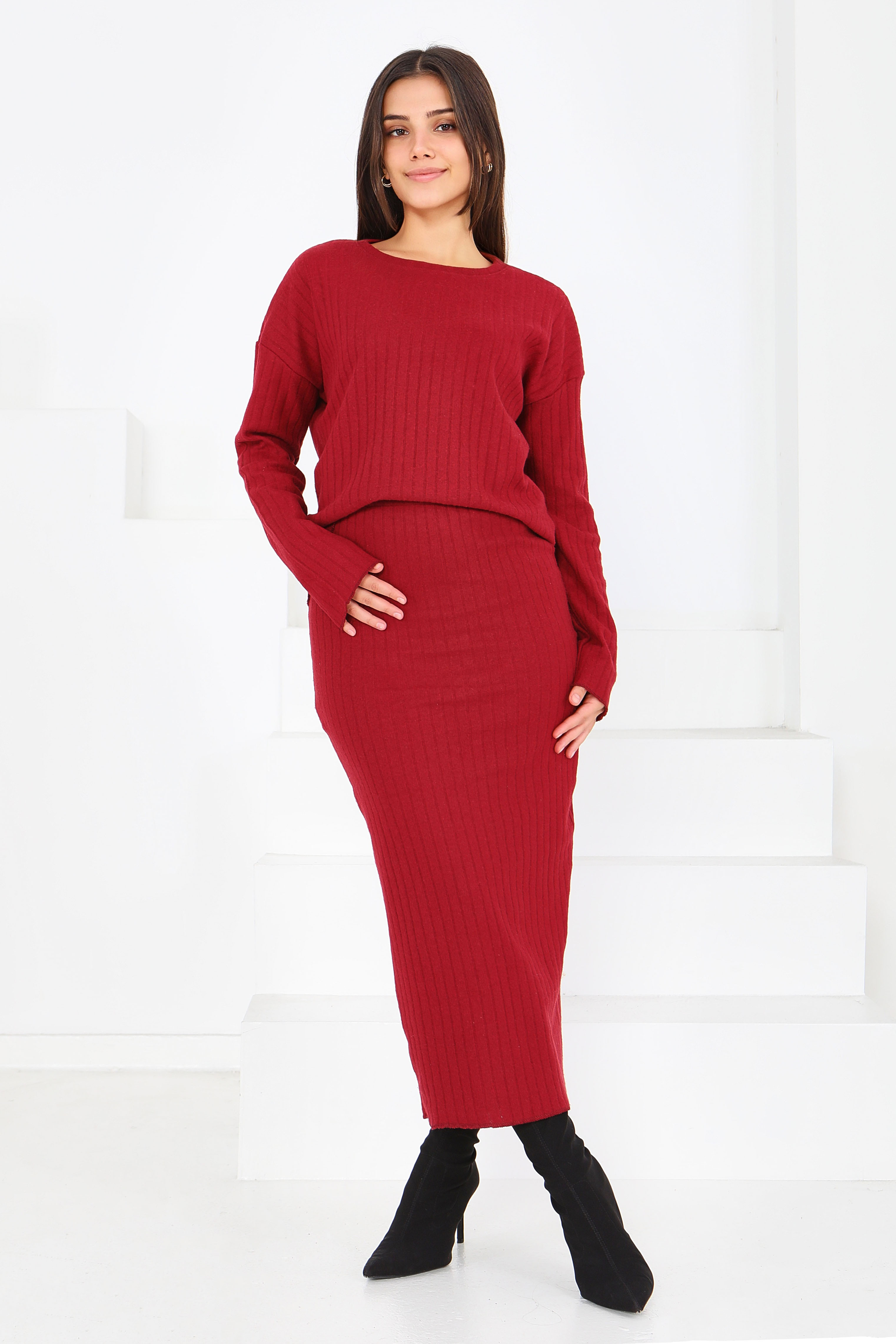 İnterlok Bluz Etekli Takım  - 27814-BORDO