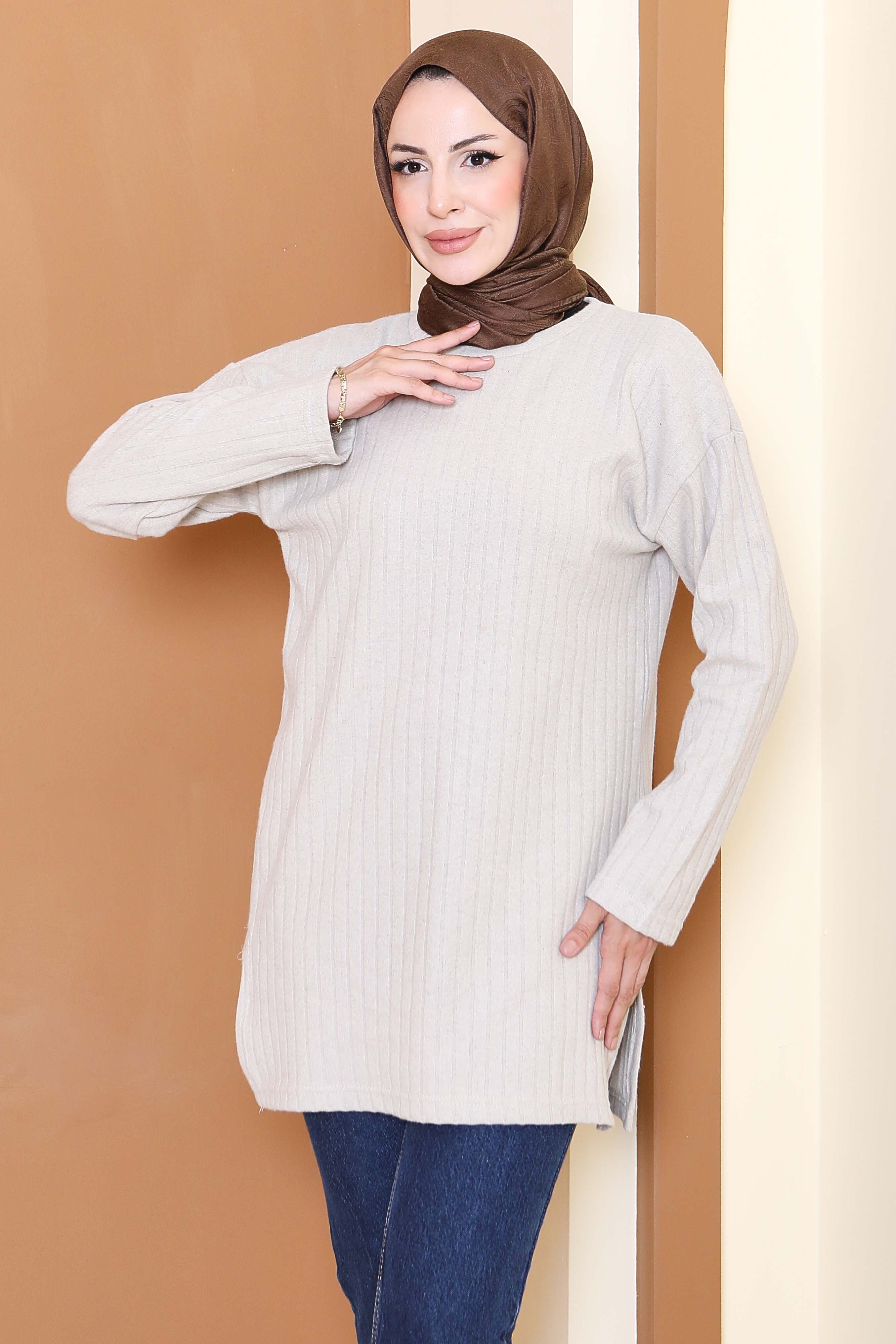 İnterlok Yırtmaçlı Tunik  - 27803-BEJ