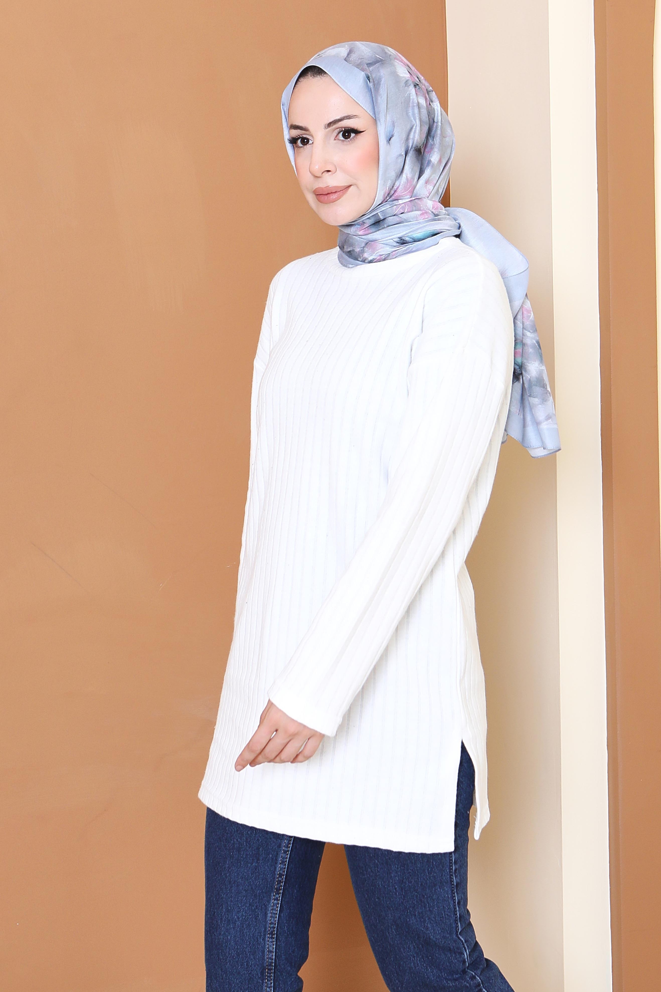 İnterlok Yırtmaçlı Tunik  - 27803-BEYAZ