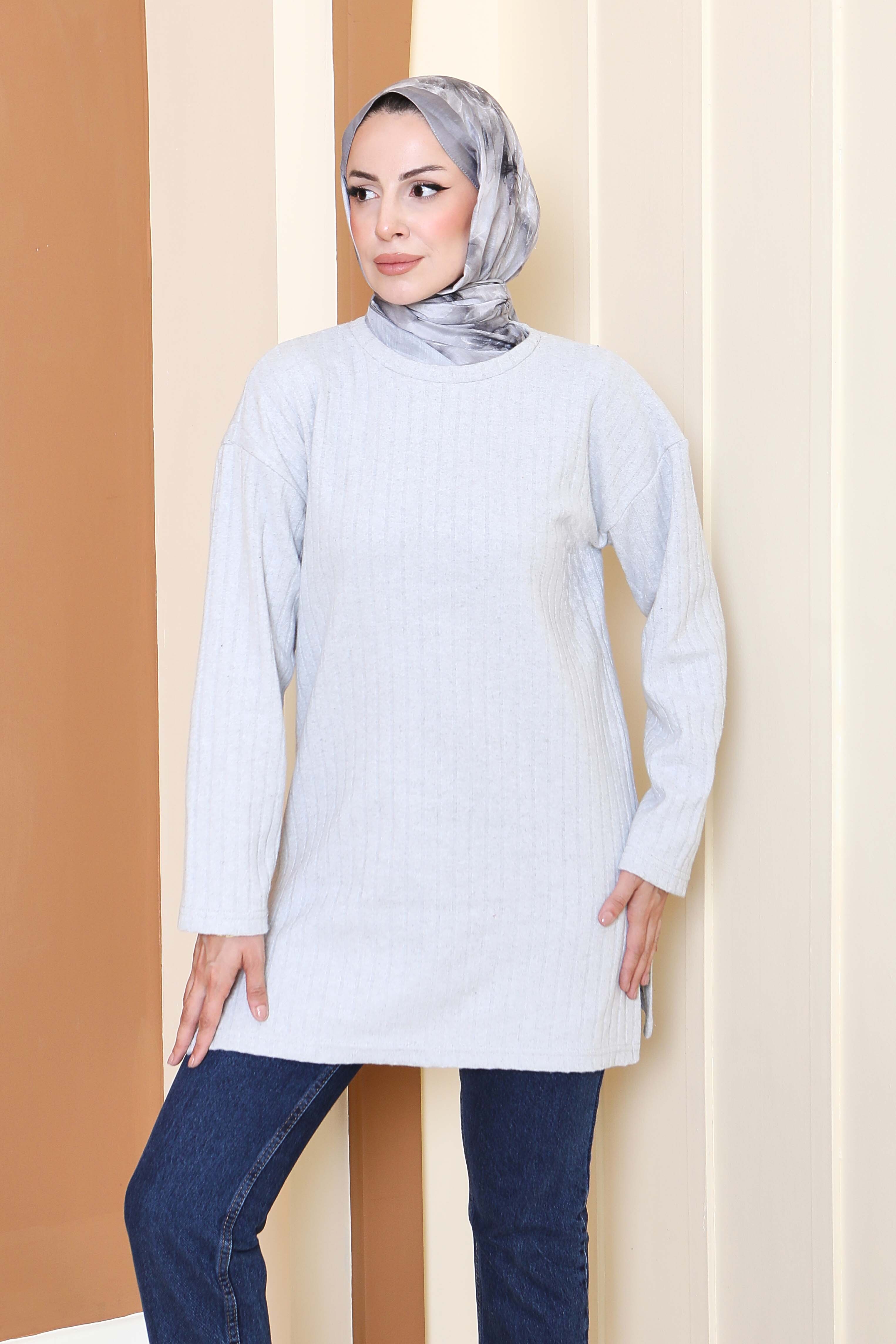 İnterlok Yırtmaçlı Tunik  - 27803-GRI