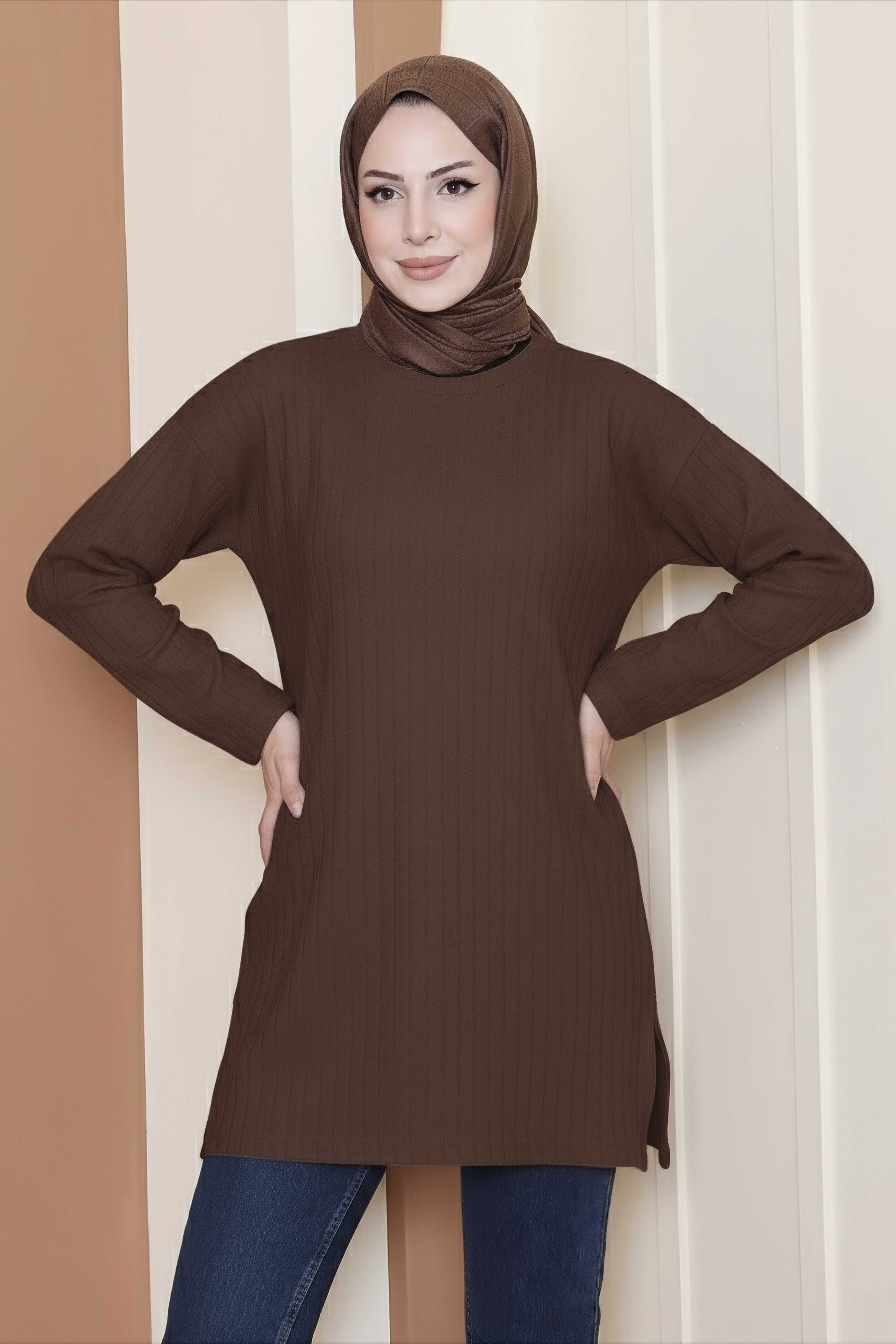 İnterlok Yırtmaçlı Tunik  - 27803-KAHVE