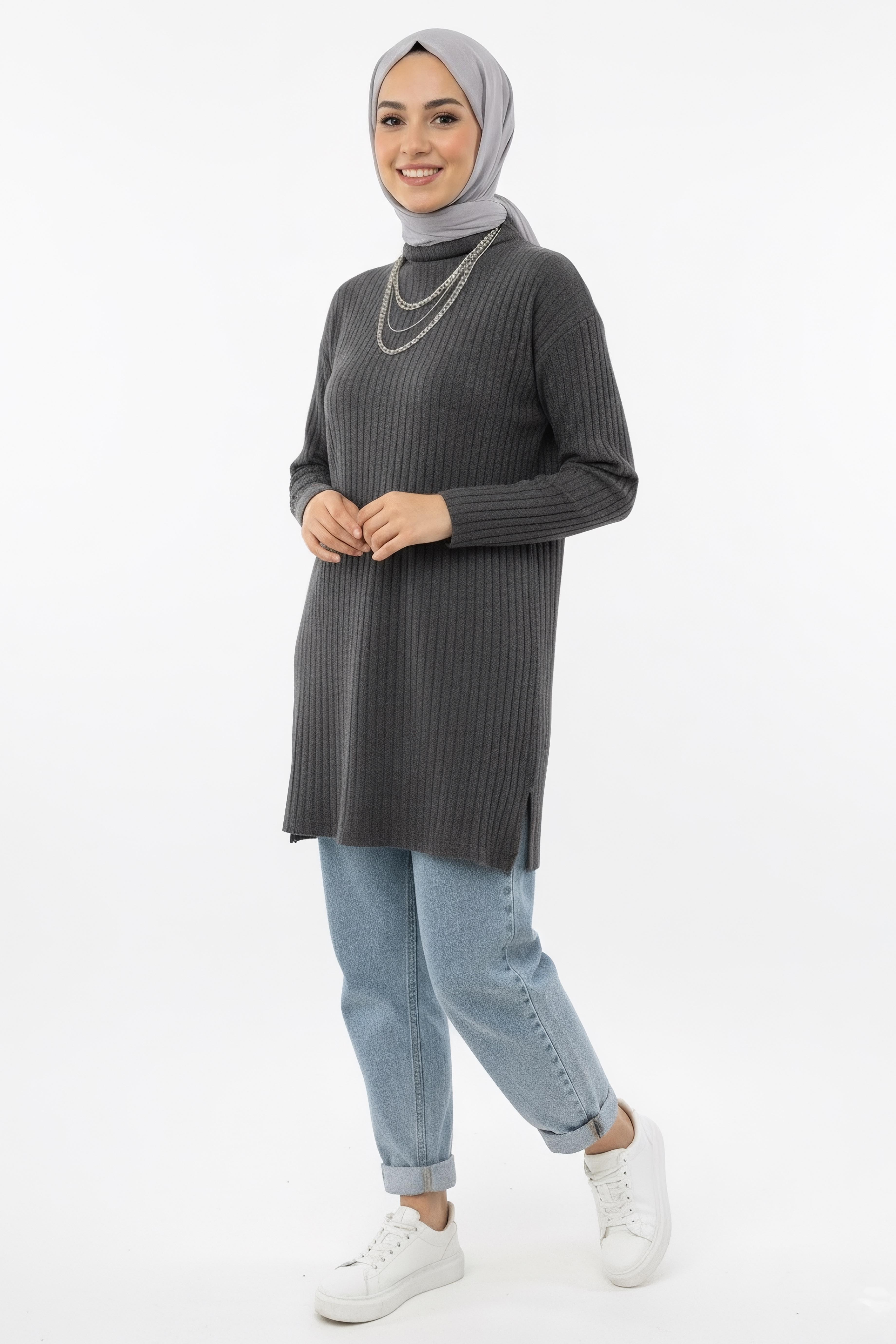 İnterlok Yırtmaçlı Tunik  - 27994-FUME