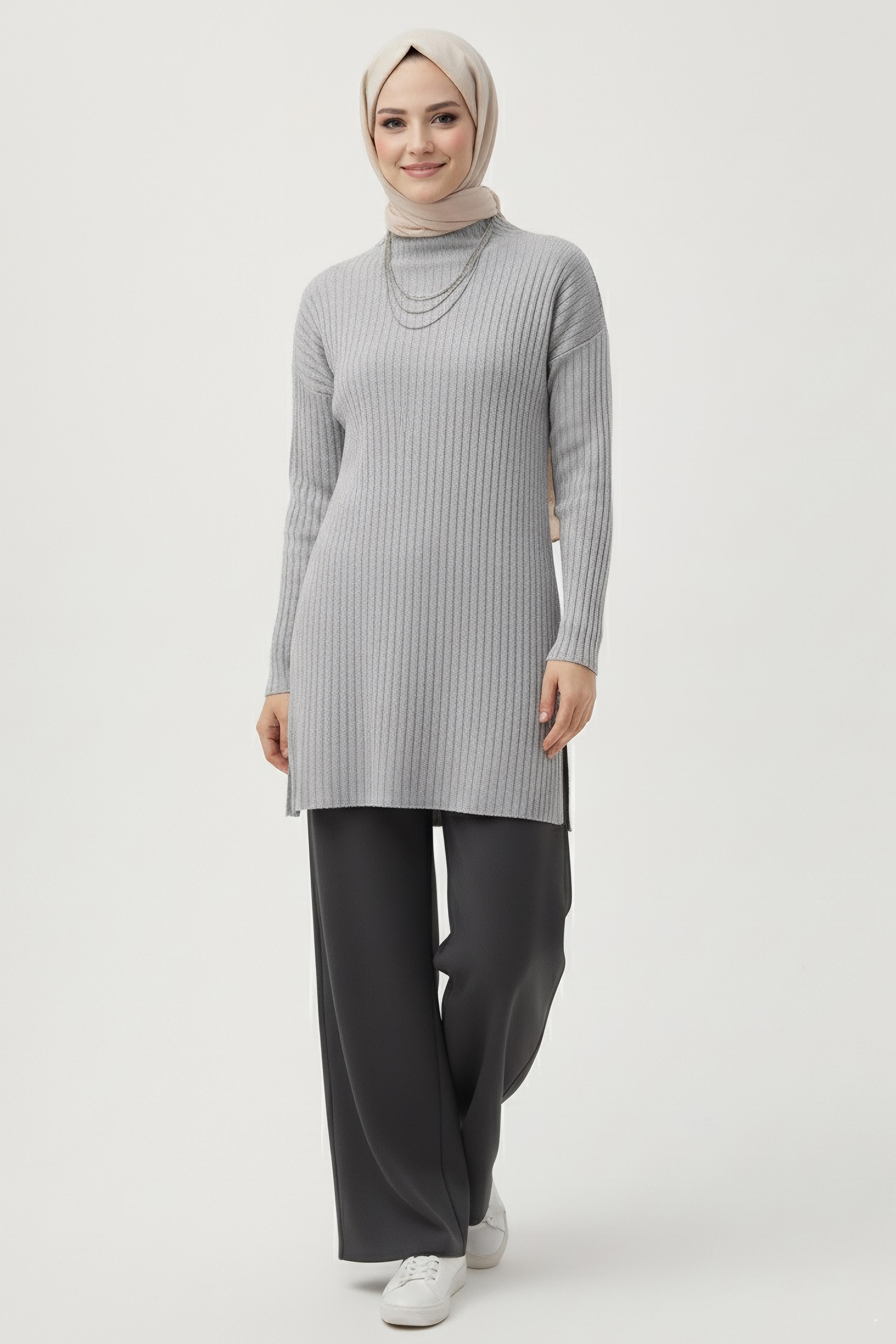 İnterlok Yırtmaçlı Tunik  - 27994-GRI