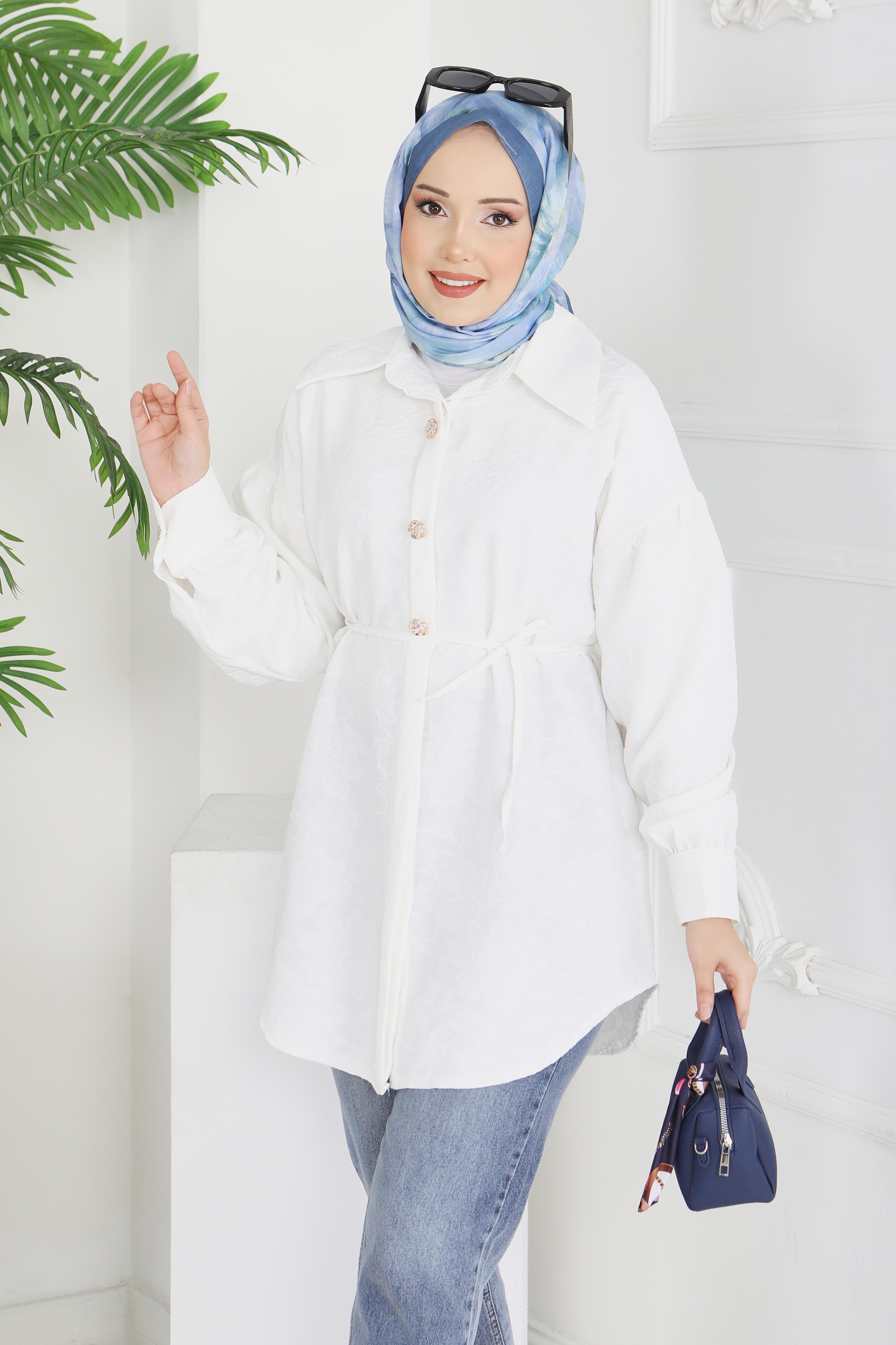 Kabartma Detaylı Düğmeli Tunikq  - 28206-BEYAZ