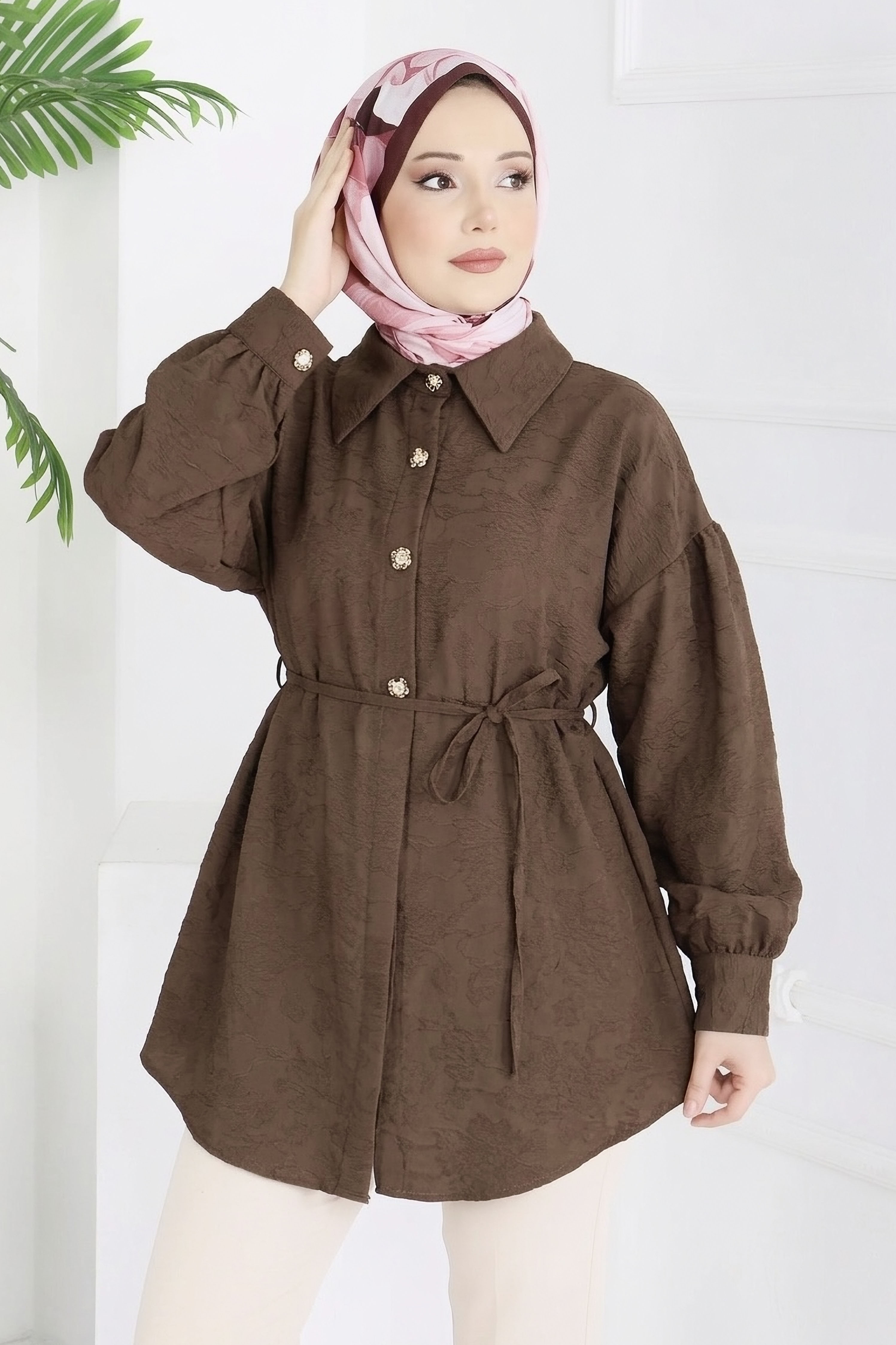 Kabartma Detaylı Düğmeli Tunikq  - 28206-KAHVE