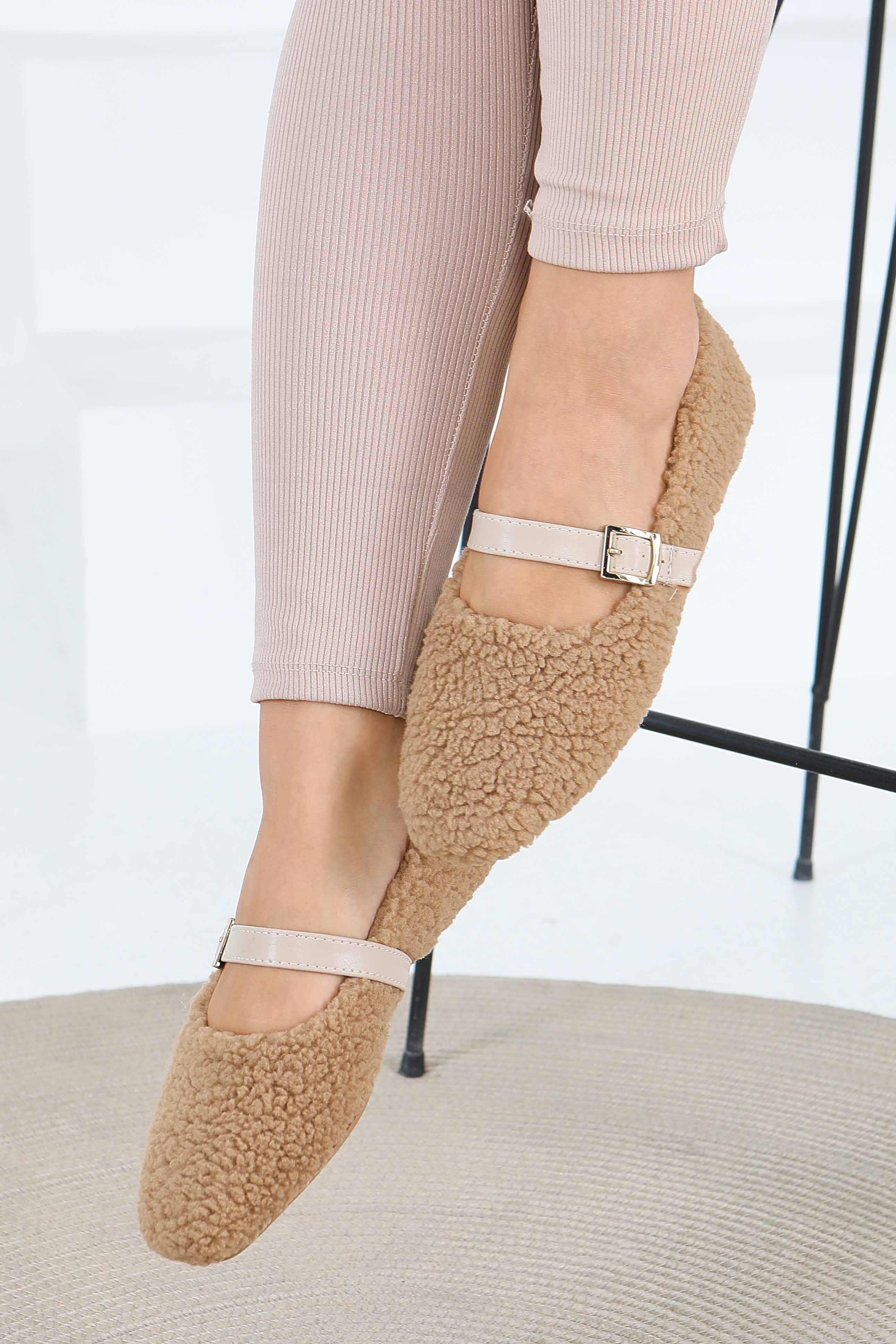 Kadın Bej Peluş Kemerli Babet - 27792-BEJ