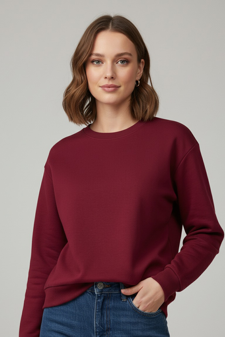 Kadın Bisiklet Yaka Oversize Sweatshirt  - 27955-BORDO