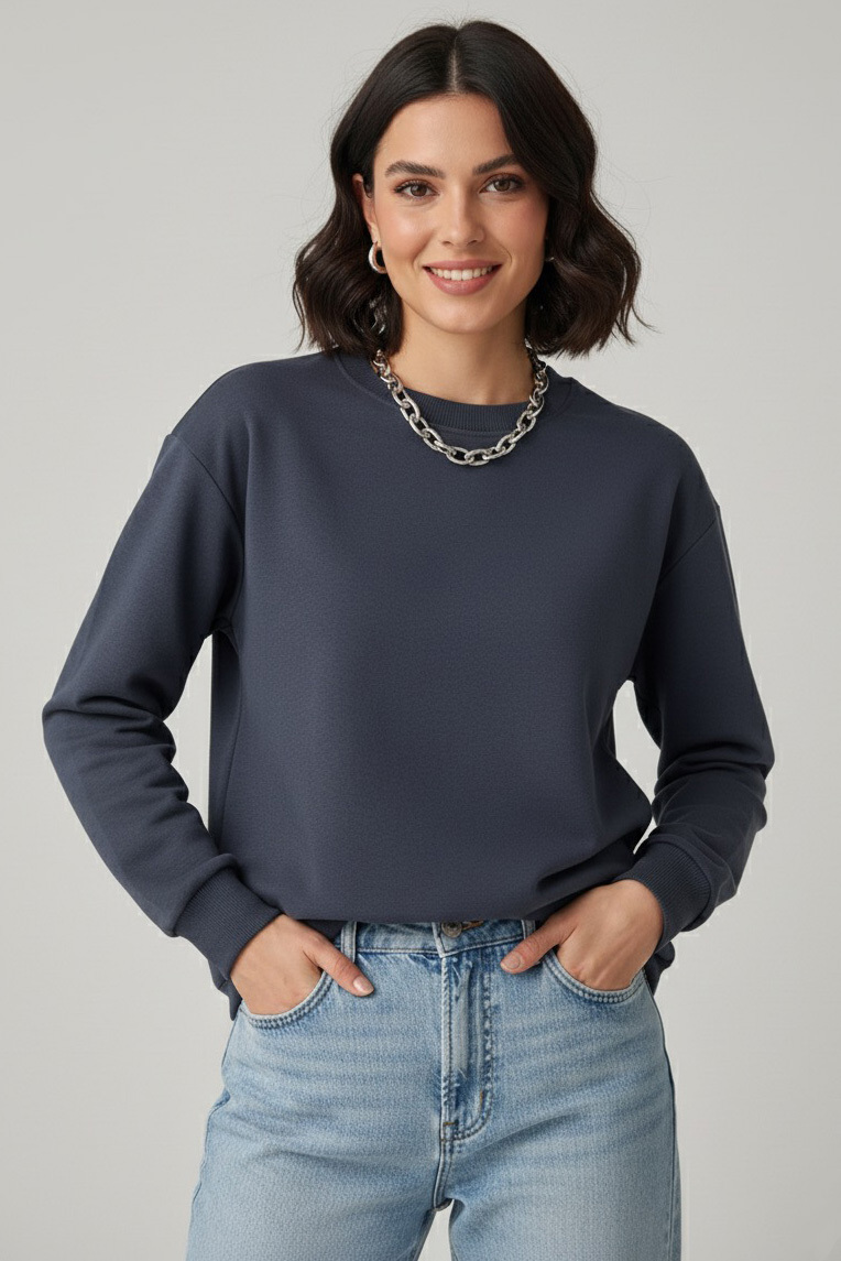 Kadın Bisiklet Yaka Oversize Sweatshirt  - 27955-FUME