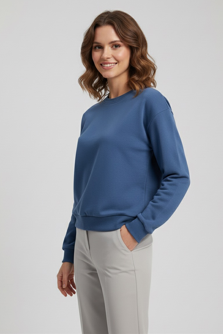Kadın Bisiklet Yaka Oversize Sweatshirt  - 27955-INDIGO