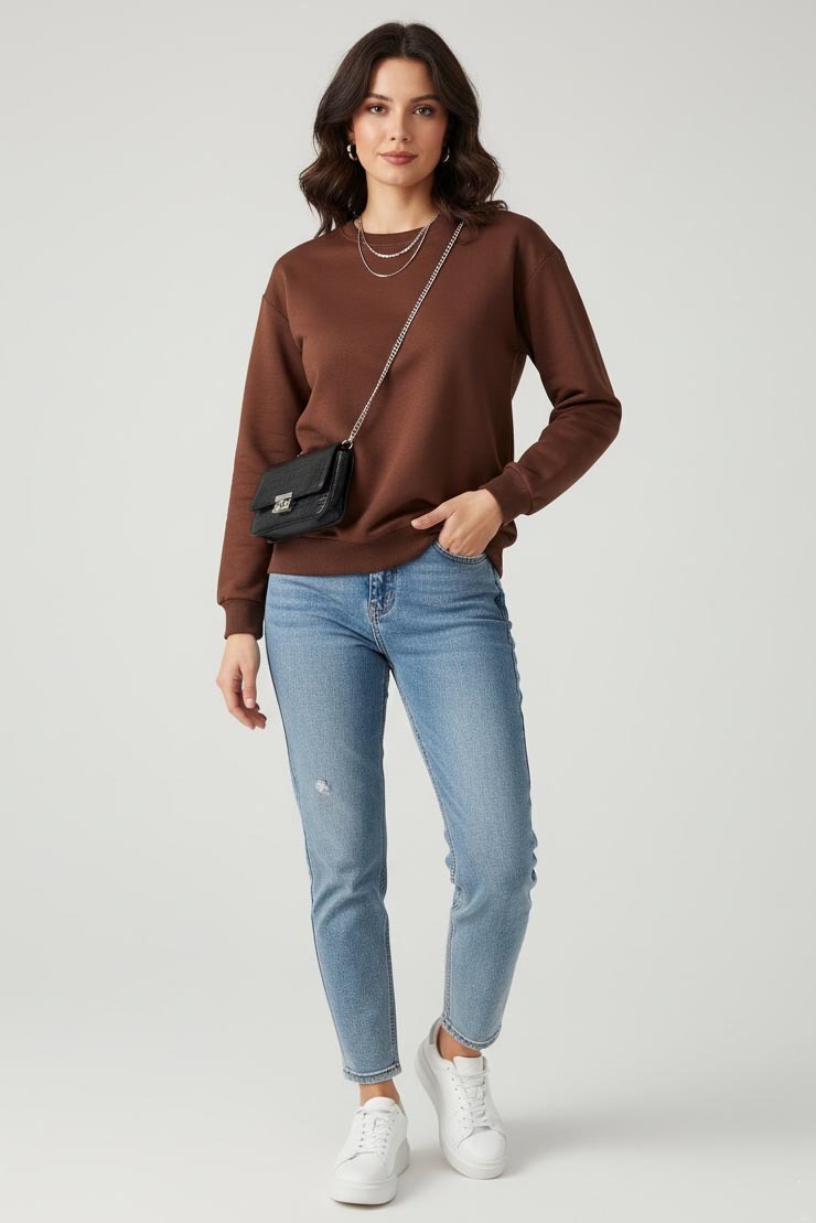 Kadın Bisiklet Yaka Oversize Sweatshirt  - 27955-KAHVE