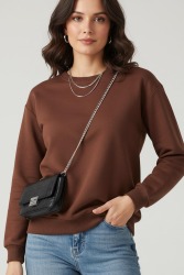 Kadın Bisiklet Yaka Oversize Sweatshirt - 27955-KAHVE - TOFİSA (1)