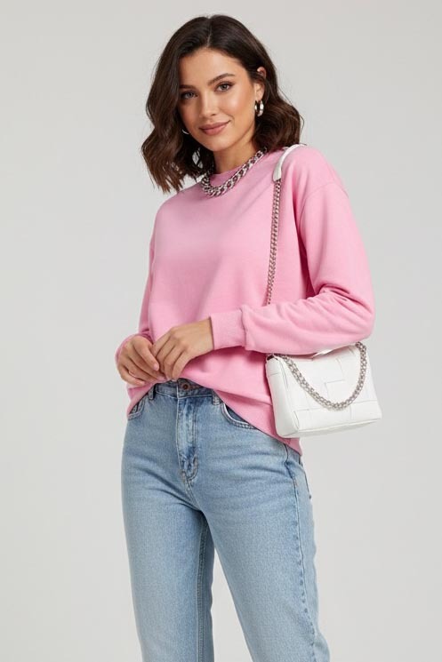 Kadın Bisiklet Yaka Oversize Sweatshirt  - 27955-PEMBE