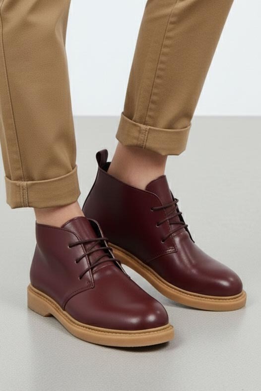 Kadın Bordo Bağcıklı Yarım Cilt Rugan Bot - 27907-BORDO