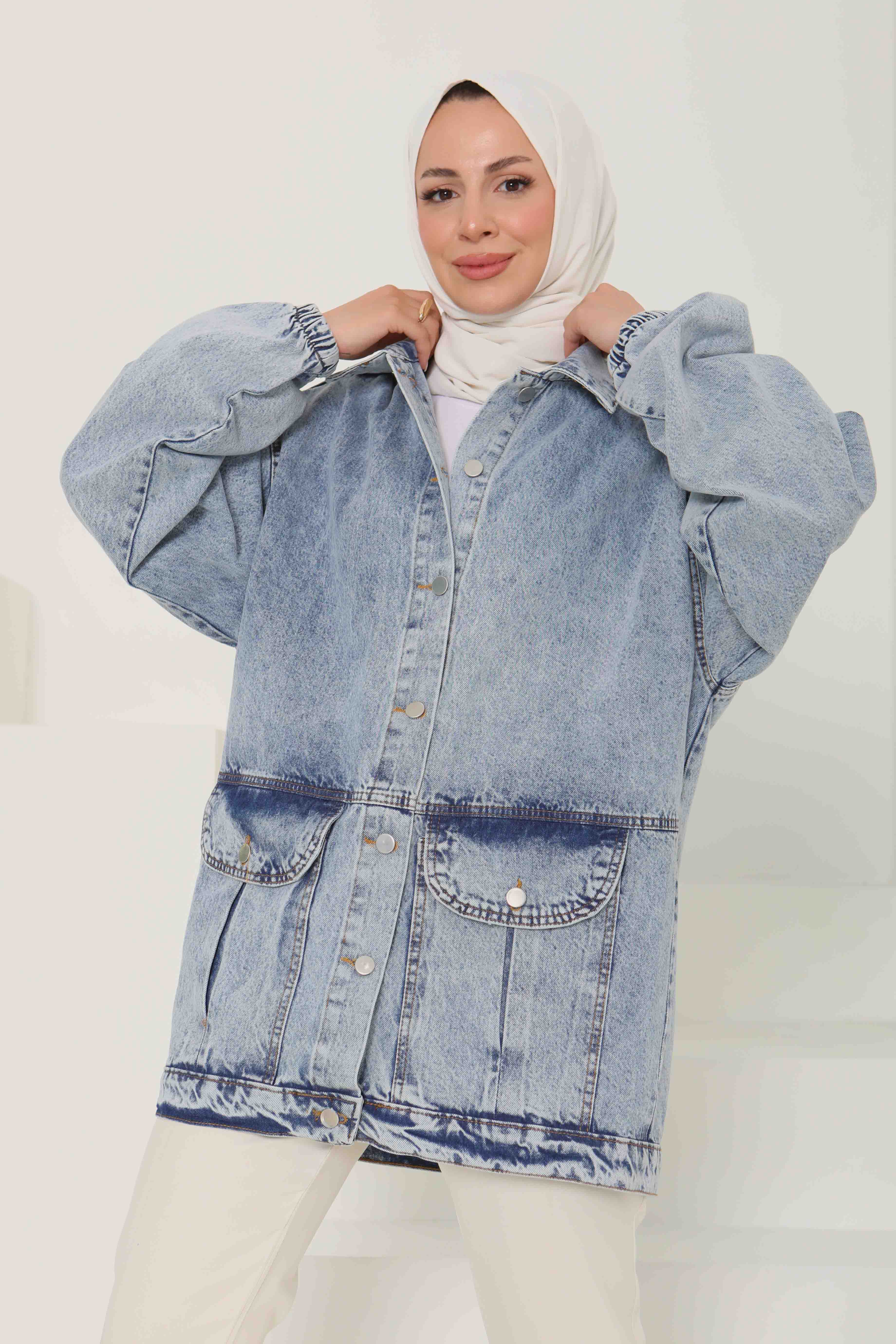 Kadın Oversize Körüklü Cep Kot Ceket - 26578