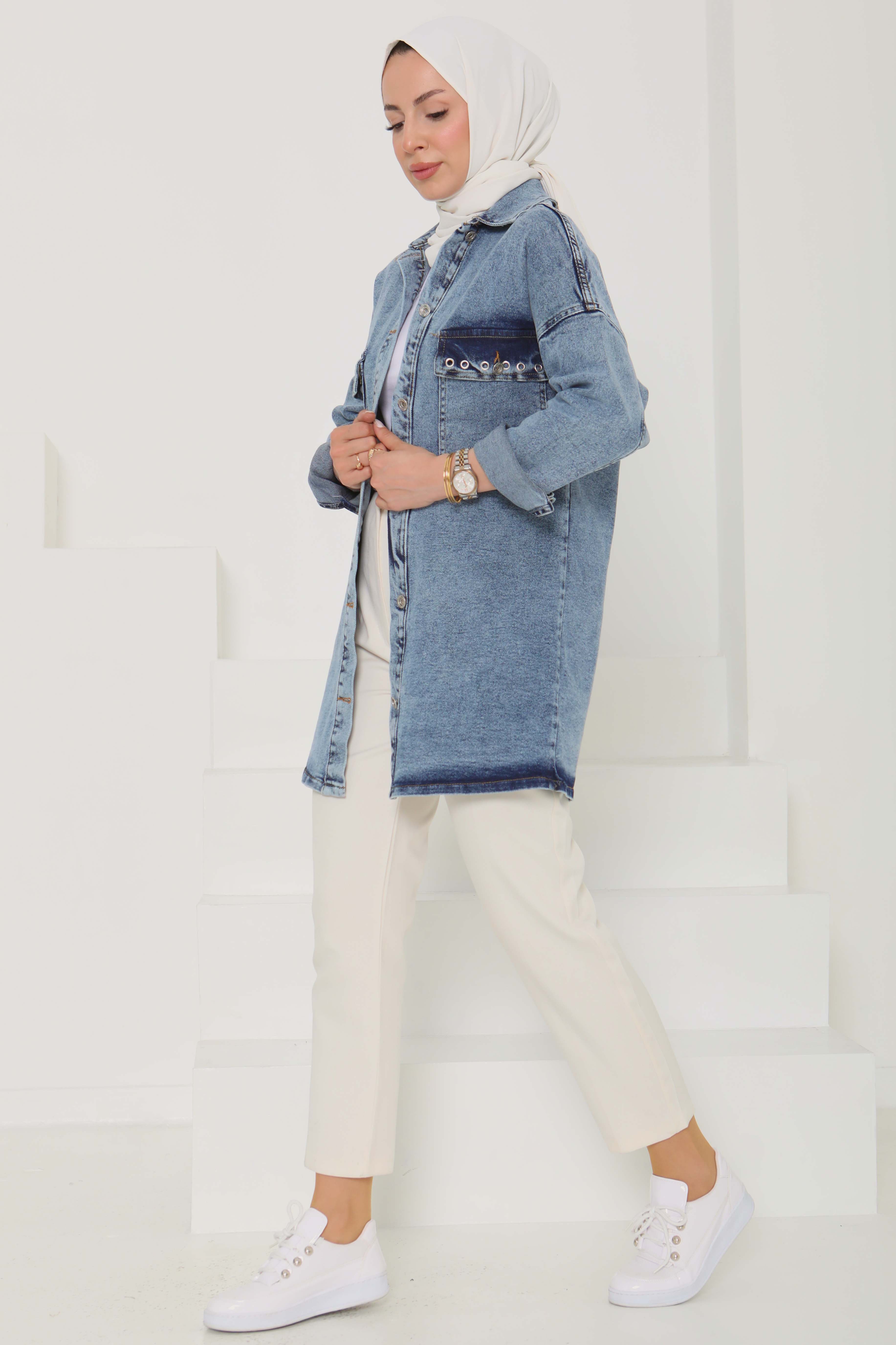 Kadın Oversize Kuş Gözü Cepli Kot Ceket Mavi - 26579